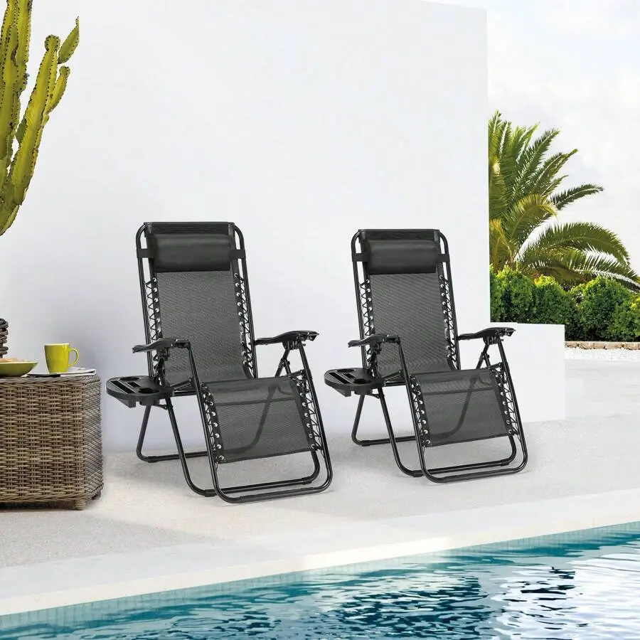 Set Of 2 Zero Cravity Lounge Chairs,Ergonomic Adjustable Lying Angle Sturdy Steel& Mesh Support,Outdoor Patio Folding Recliners For Pool Beach With Pillow And Cup Holder, For Camping