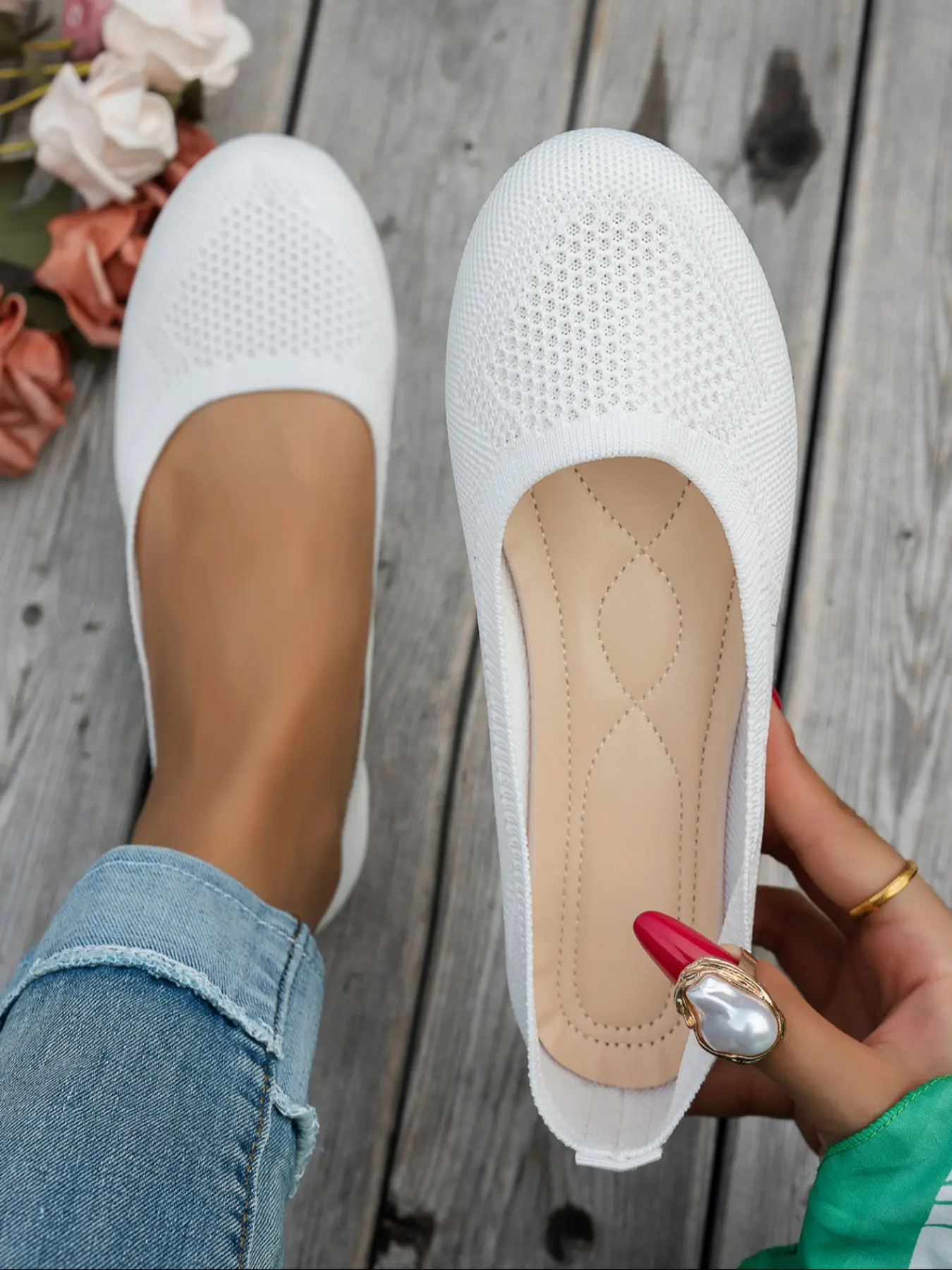 Women's New Round Toe Knit Ballet Flat Shoes, Breathable Textile Upper, One-Piece Slip-On, Comfortable for Daily Commute and Casual Wear, Casual Flats, Breathable Slip Ons