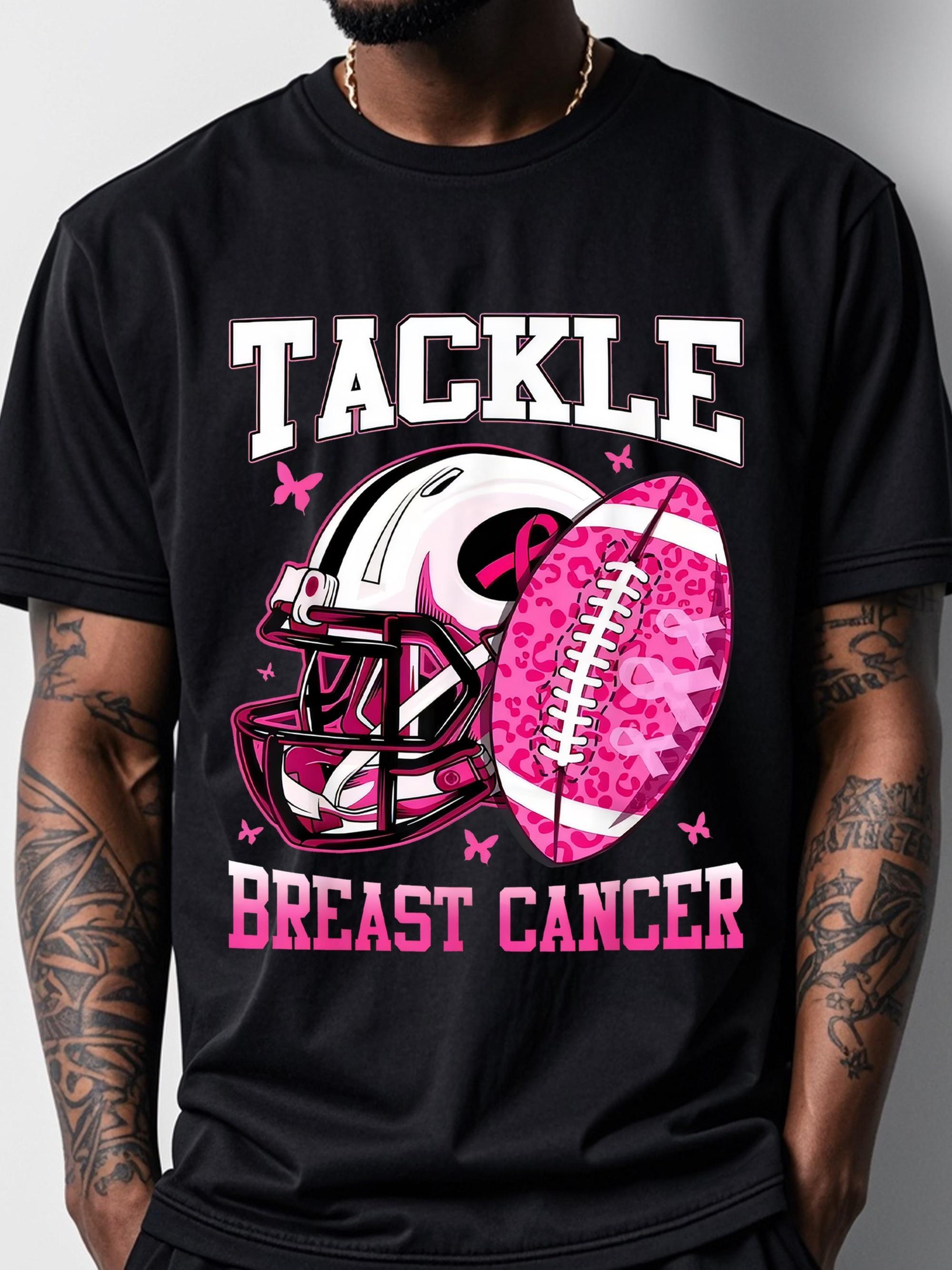 [100%25 Cotton] Men'S "Tackle Breast Cancer" Awareness T-Shirt - Black With Pink Helmet & Football Graphic, 100%25 Cotton, Crew Neck, Short Sleeve For Casual Wear T-Shirt For Men And Women