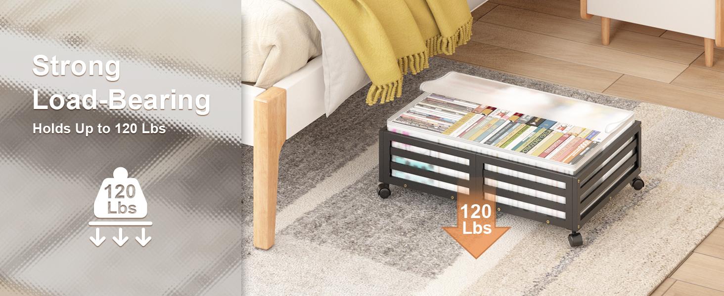 Bed with Wheels-Large Bamboo Underbed Containers with Large Dust Bag Stackable the Bed Shoe Bins for Clothes Books Bedding (2 Packs Black, 23.62"L*16.54"W* 6.51"H)