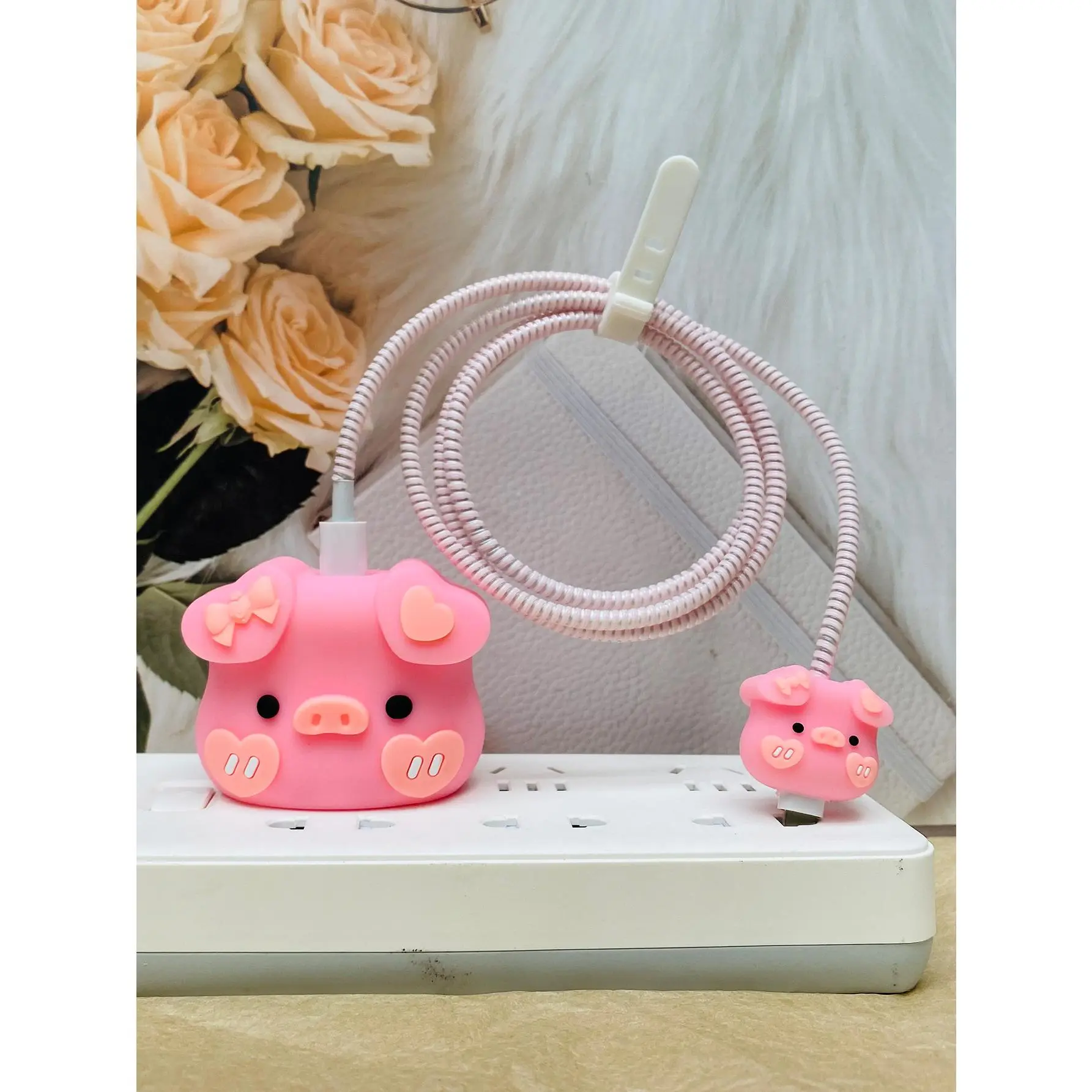 4pcs Pink Pig Design Wall Charger Protective Case And Data Cable Protective Case For 20w Charging Head Set