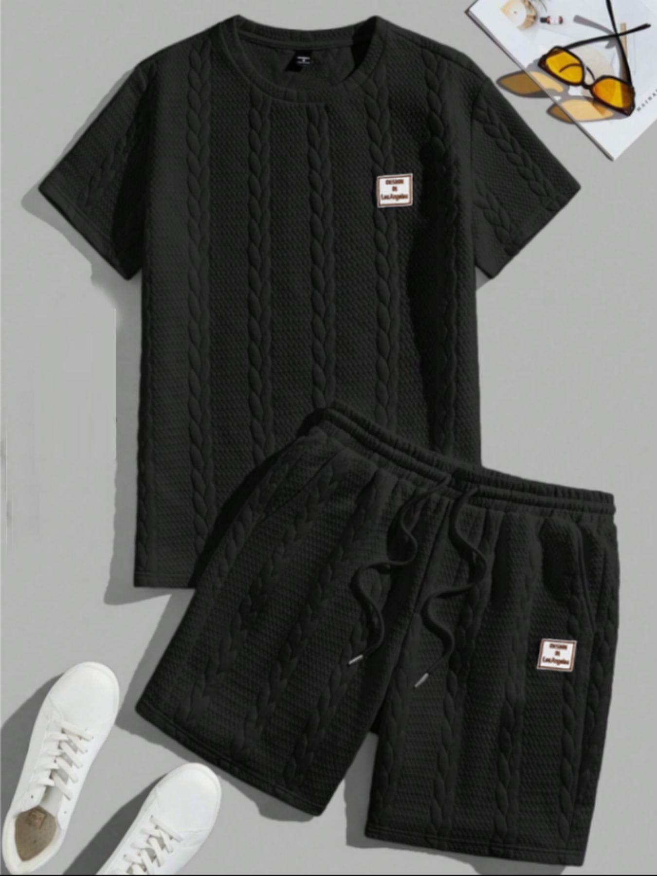 Men's Solid Textured Patched Tee & Drawstring Waist Shorts Set, Regular Fit Casual Round Neck Short Sleeve T-shirt & Pocket Shorts, Men's Summer Clothes