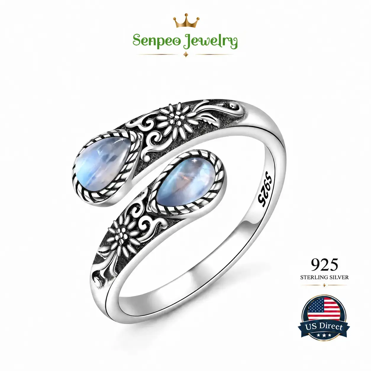 925 Sterling Silver Moonstone Women's Adjustable Thumb Open Ring, Victoria Vintage Style Hypoallergenic Nickel Free, Retro Floral, Lucky, Faith, Mother's Love Ring, Bohemian Vintage Style, Daily, Party, Holiday, Valentine's Day, Halloween, Easter Gift