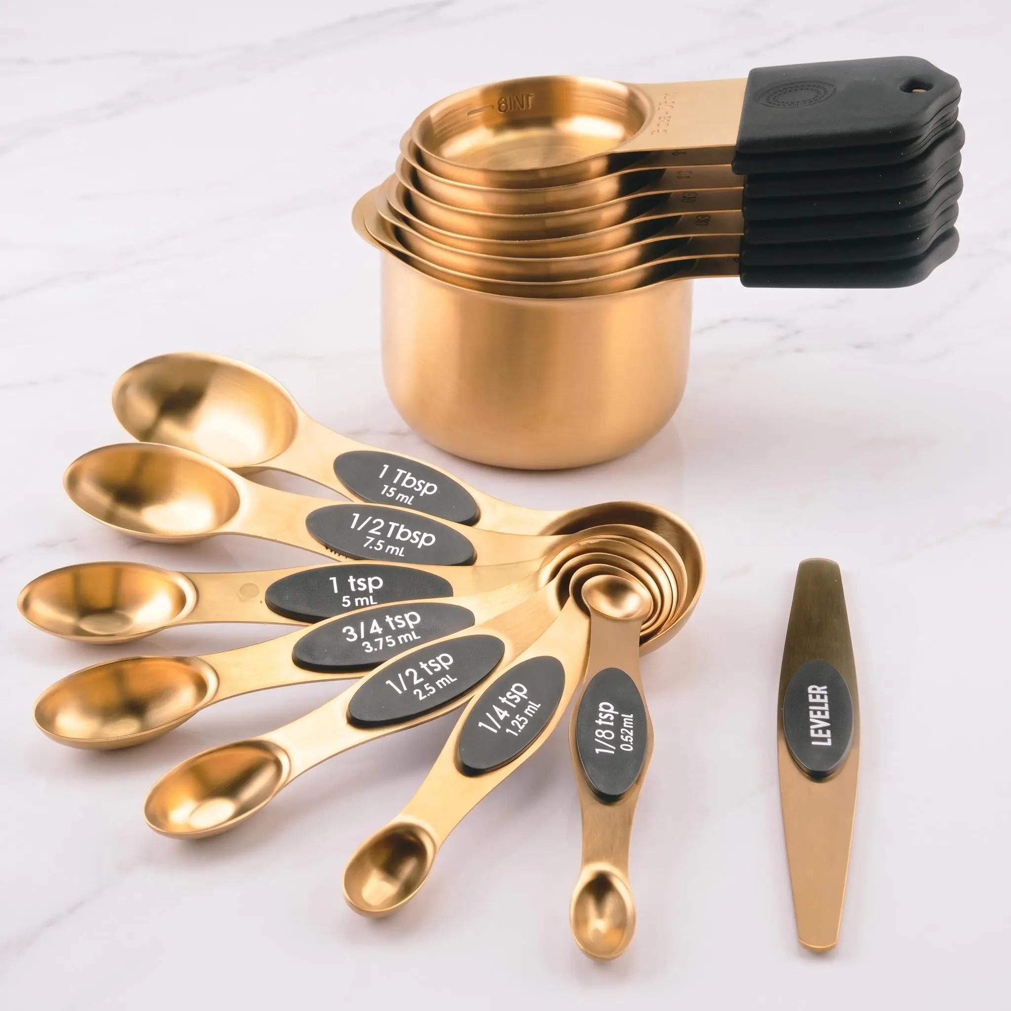 Gold-Plated 304 Stainless Steel Magnetic Measuring Cups and Spoons Set – 15PCS with Safe for Consumption Silicone Handles – Accurate Scale, Easy to Clean & Store – Ideal for Baking and Cooking