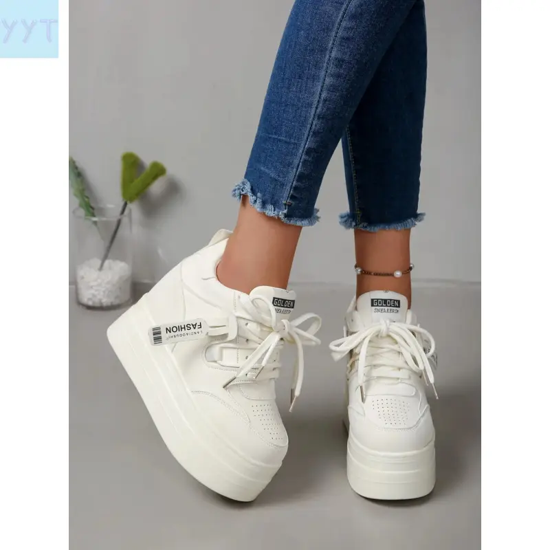 YYT1 Women's 11CM Hidden Wedge Platform Sneakers Trainer Walking Shoes, Chunky Casual Shoes, Chunky Casual Trainers, Minimalist Casual Style, PU Lace-Up Breathable Perforated Non-Thick Sole Top Shoes, Daily Commute, Travel