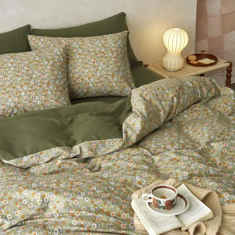 Olive Green Floral Comforter Set Queen Size, 3-Piece Vintage Cottagecore Bedding Set with Pillow Shams, Cute Small Flower Boho Comforter, Soft Lightweight Bedroom Bedding for Women Teen Girls