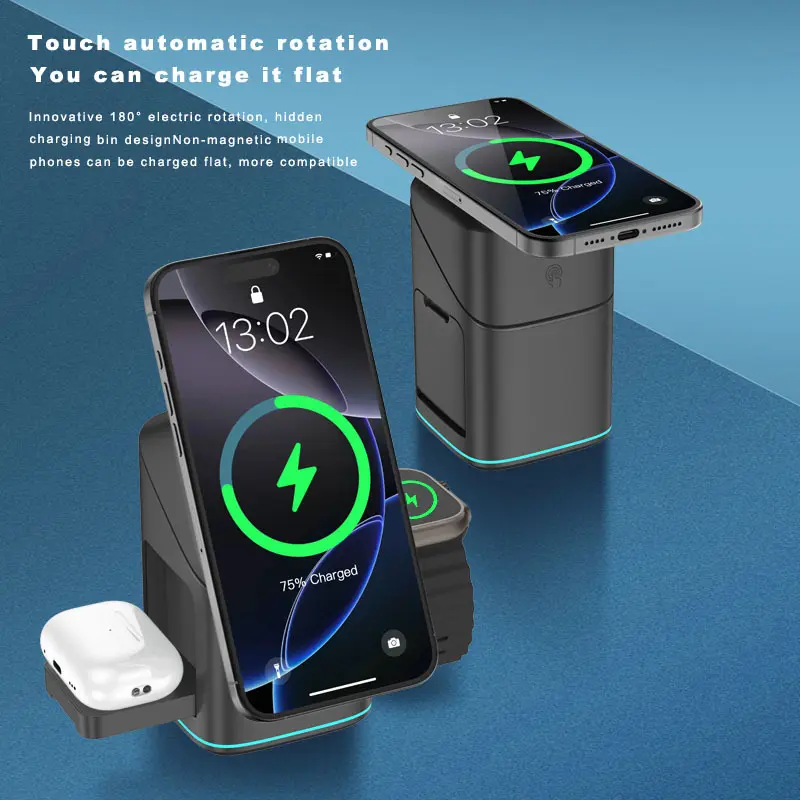 25WQi2.2 three-in-one magnetic wireless charging touch electric rotator suitable for Apple and Samsung mobile phones and watches