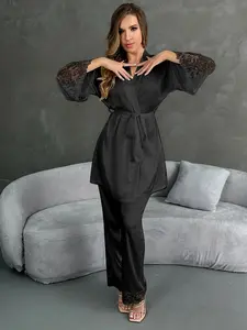 Summer Bride Morning Robe Style Satin Pajama Set, Lace Long Sleeve Home Wear Two-Piece Set for Women, New 2026 Model