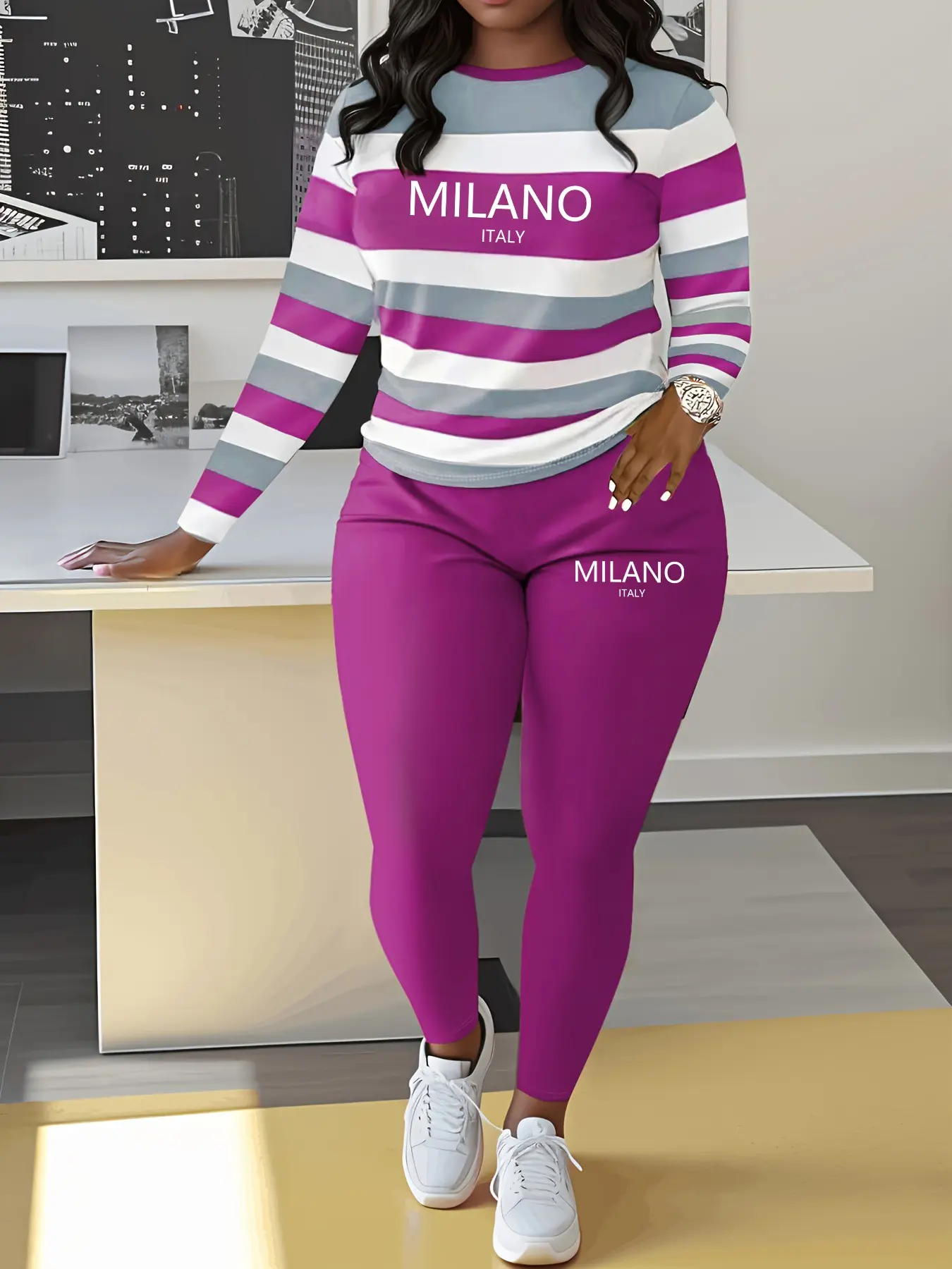 Milano Letter Print Striped Two-Piece Set, Casual Everyday Spring & Fall, Round Neck Long Sleeve Top, Long Pants, Fitted Style