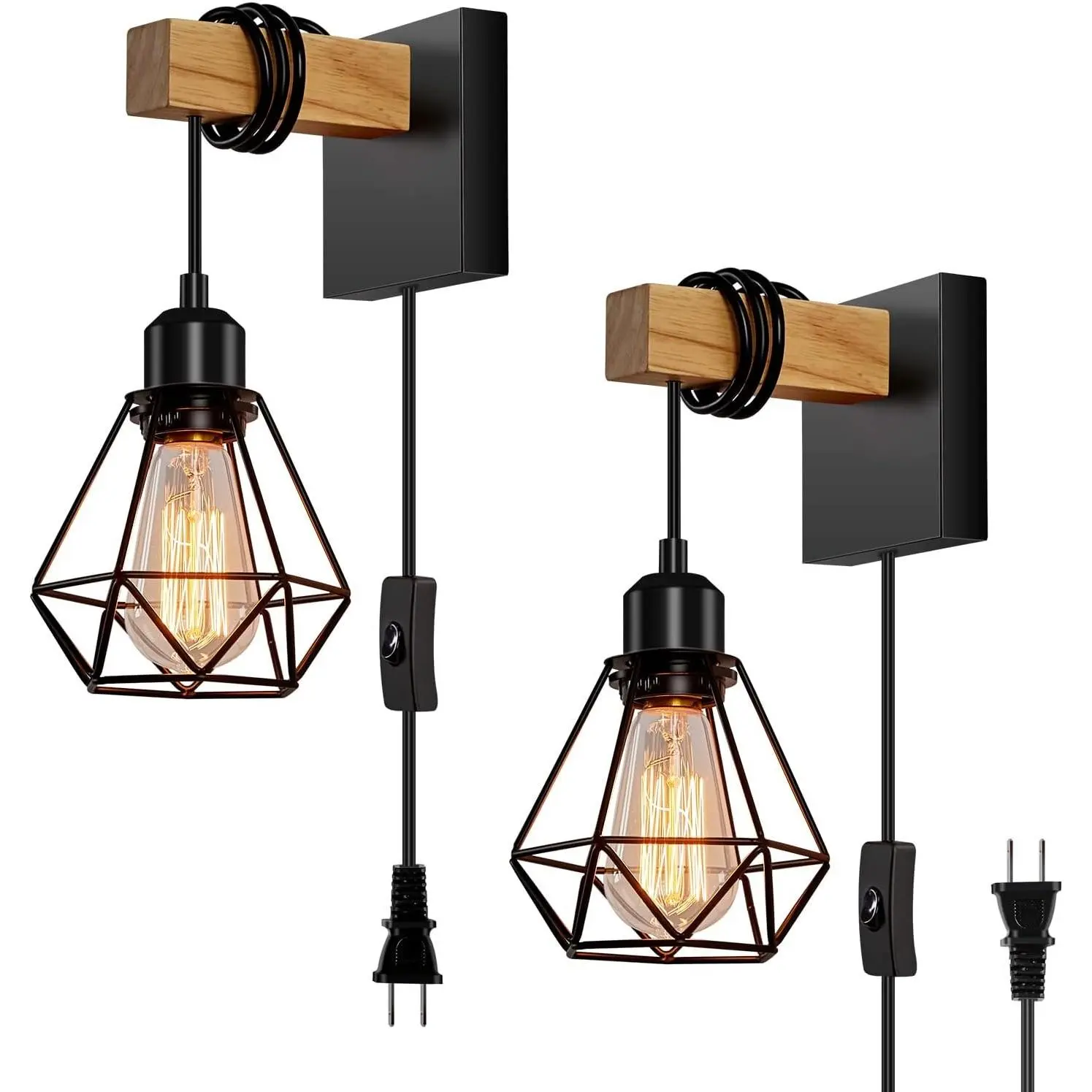Plug in Wall Sconces Set of Two, Farmhouse Wall Light Plug in with 8.53FT On/Off Switch Cord, Indoor Rustic Wall Mounted Lamps Set of 2 for Bedroom, Living Room, Bathroom, Entryway
