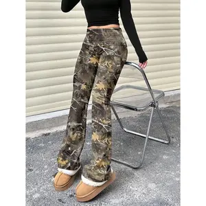 Women's Casual Solid Color Wide-Waist Flare Pants, Leggings Fold-Over Waist High Waist Ruched Slim Fit