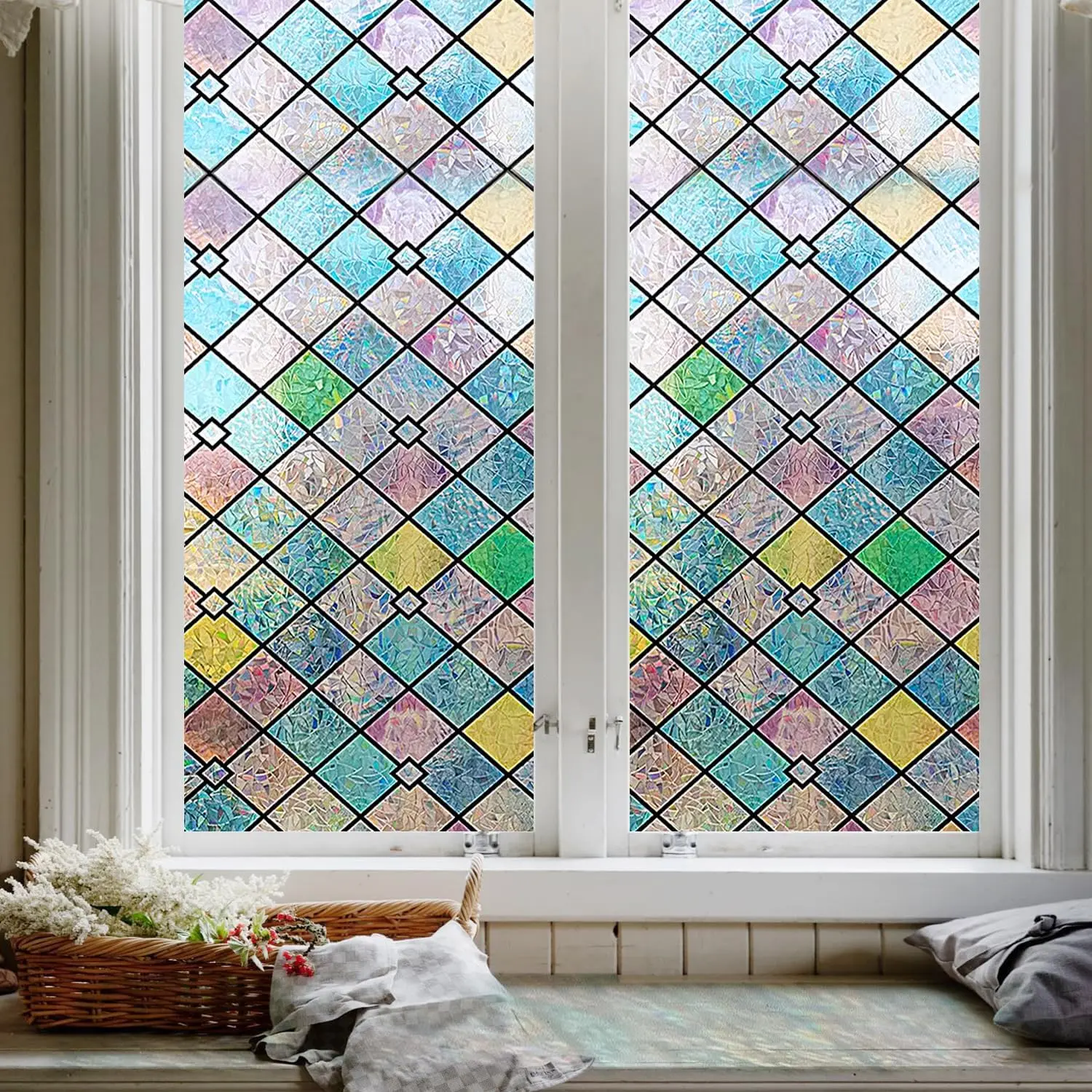 Rainbow  Window Film Stained Glass 17.7"x78.7" Window Glass  Film Decorative for Windows Door Colorful  Static Cling Vinyl Window Tint UV Blackout Covering for  House