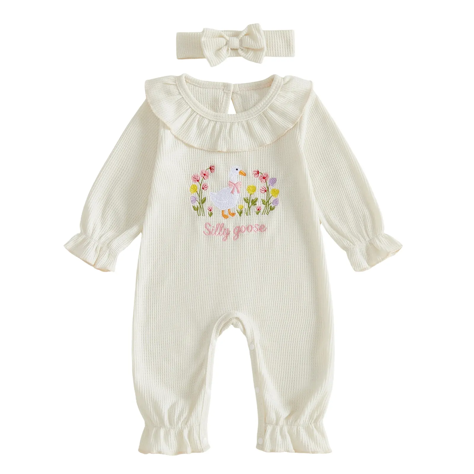 Newborn Baby Girl Outfit Long Sleeve Waffle Knit Romper and Headband Fall Winter 0-12 Months