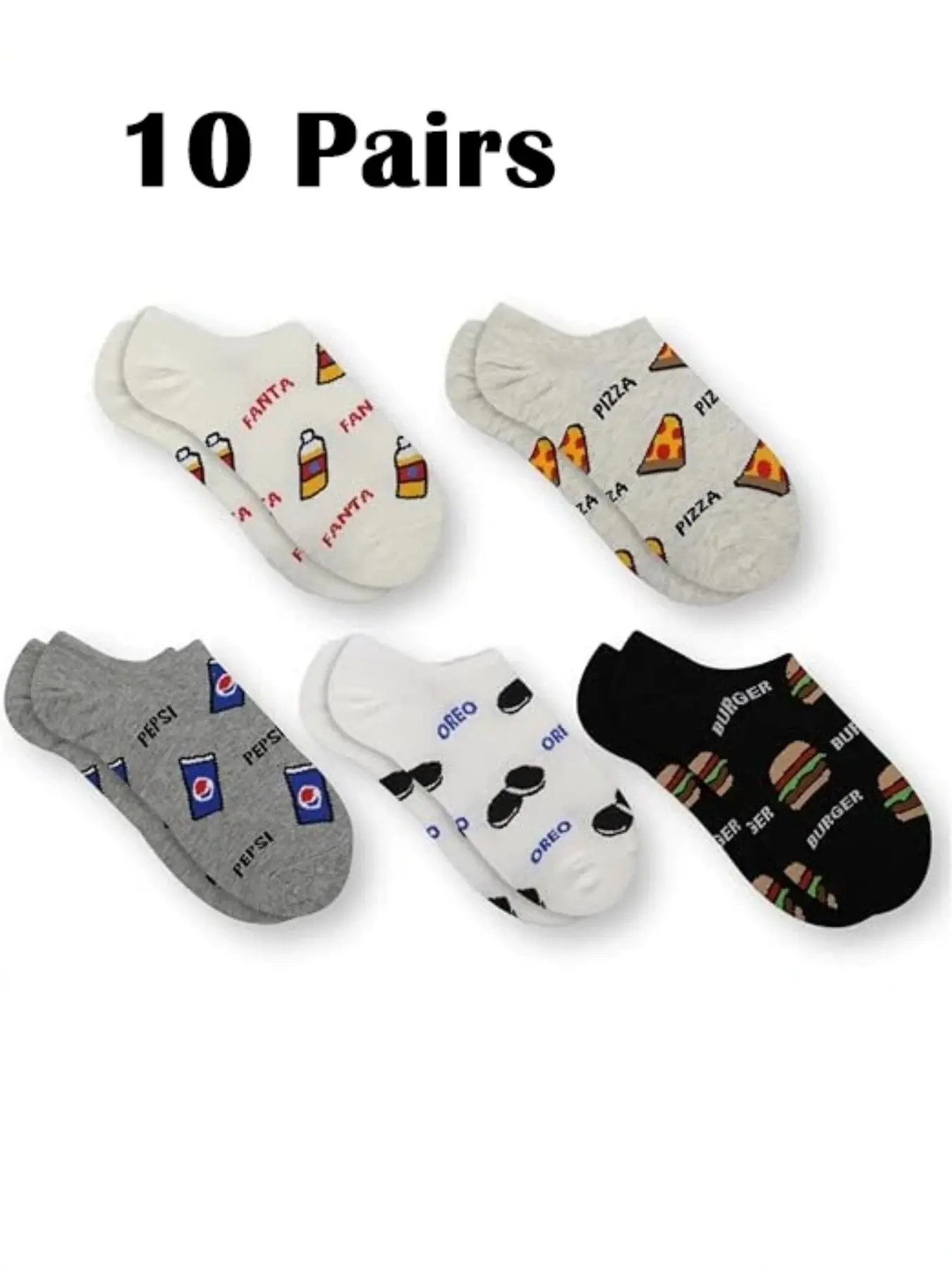 10 Pairs Unisex Low Top Socks, Fun Burger Pattern Casual Socks, Invisible Non-Slip Sports Shoe Socks, Comfortable and Stylish