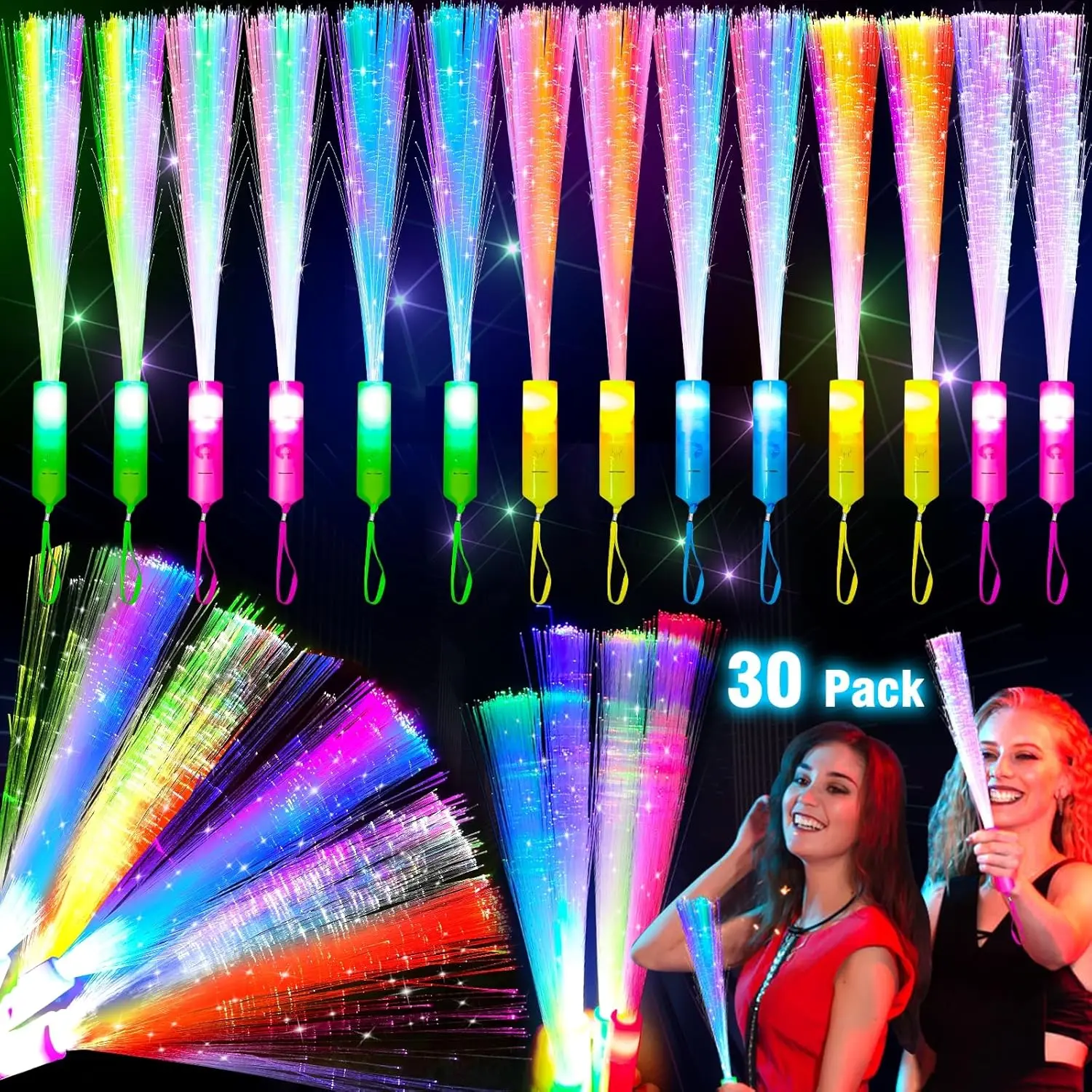 30 Pcs Colorful Glow Fiber Wands,Toys Glow Sticks Bulk Party Pack for Adults,Glow in the Dark 4th of July Party Supplies for Patriotic,Football,Wedding,Birthday,Classroom,Concert,Pool Carnivalfidget toys