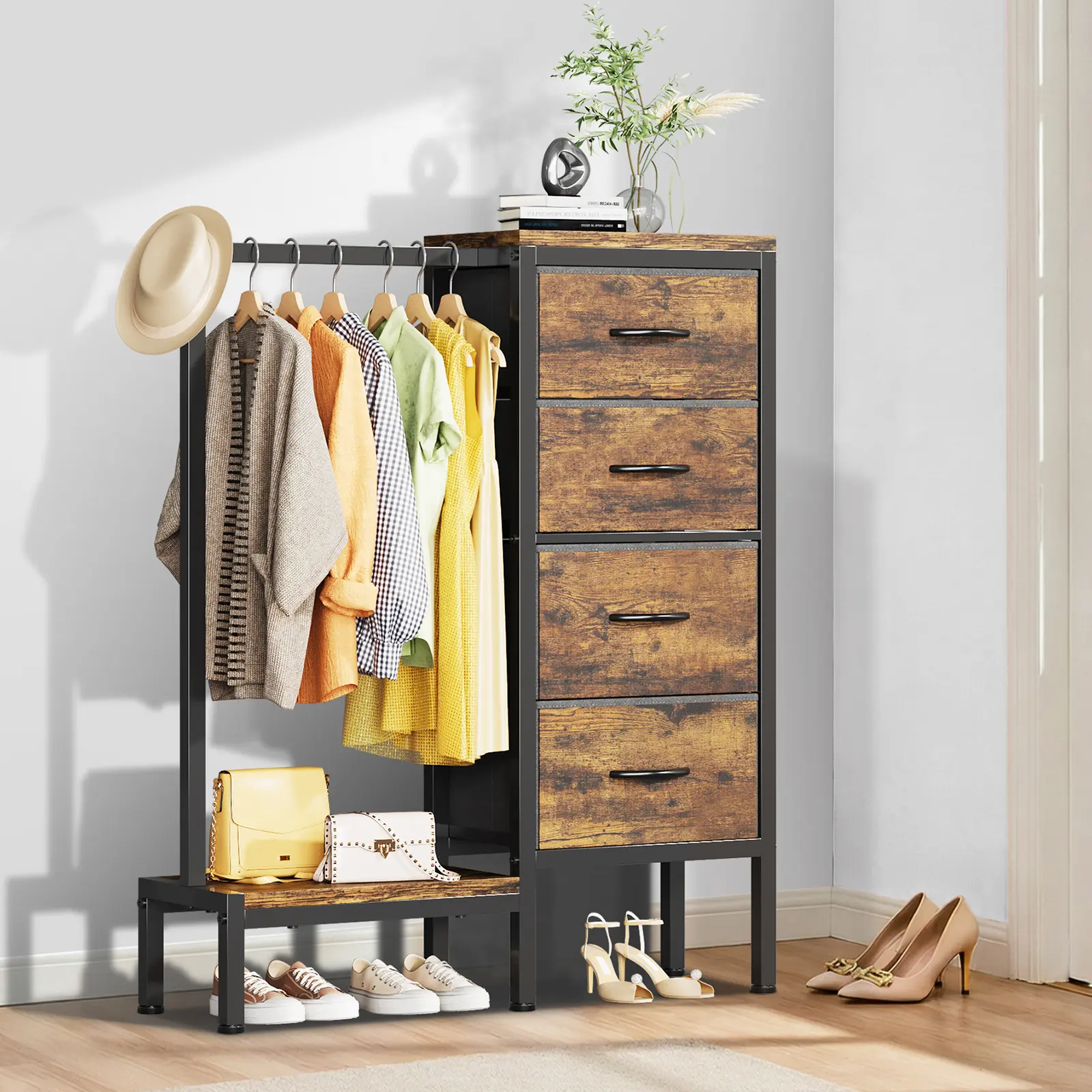 Heavy Duty Fabric Drawer Dresser – 4/6 Drawers with Hanging Rail, Metal Frame, Multi-Functional Storage Organizer Shelf for Bedroom, Entryway, or Living Room