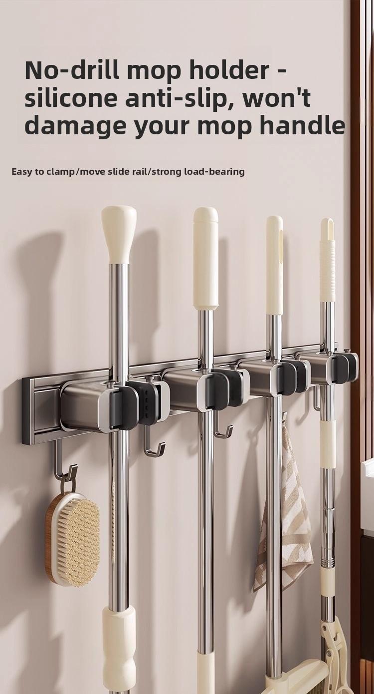 Space aluminum mop holder, no-drill multi-purpose mop hook, multifunctional wall-mounted bathroom broom storage rack