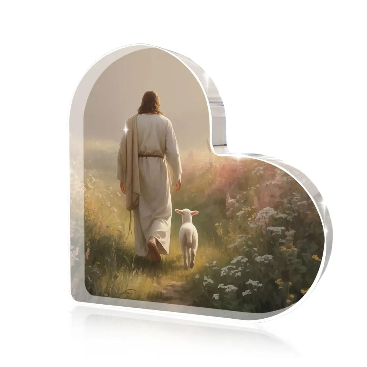 Heart-Shaped Acrylic Desktop Memorial Plaque, Jesus and Lamb Design, Christian Inspirational Decor, Prayer Room, Bedroom, Church Gift
