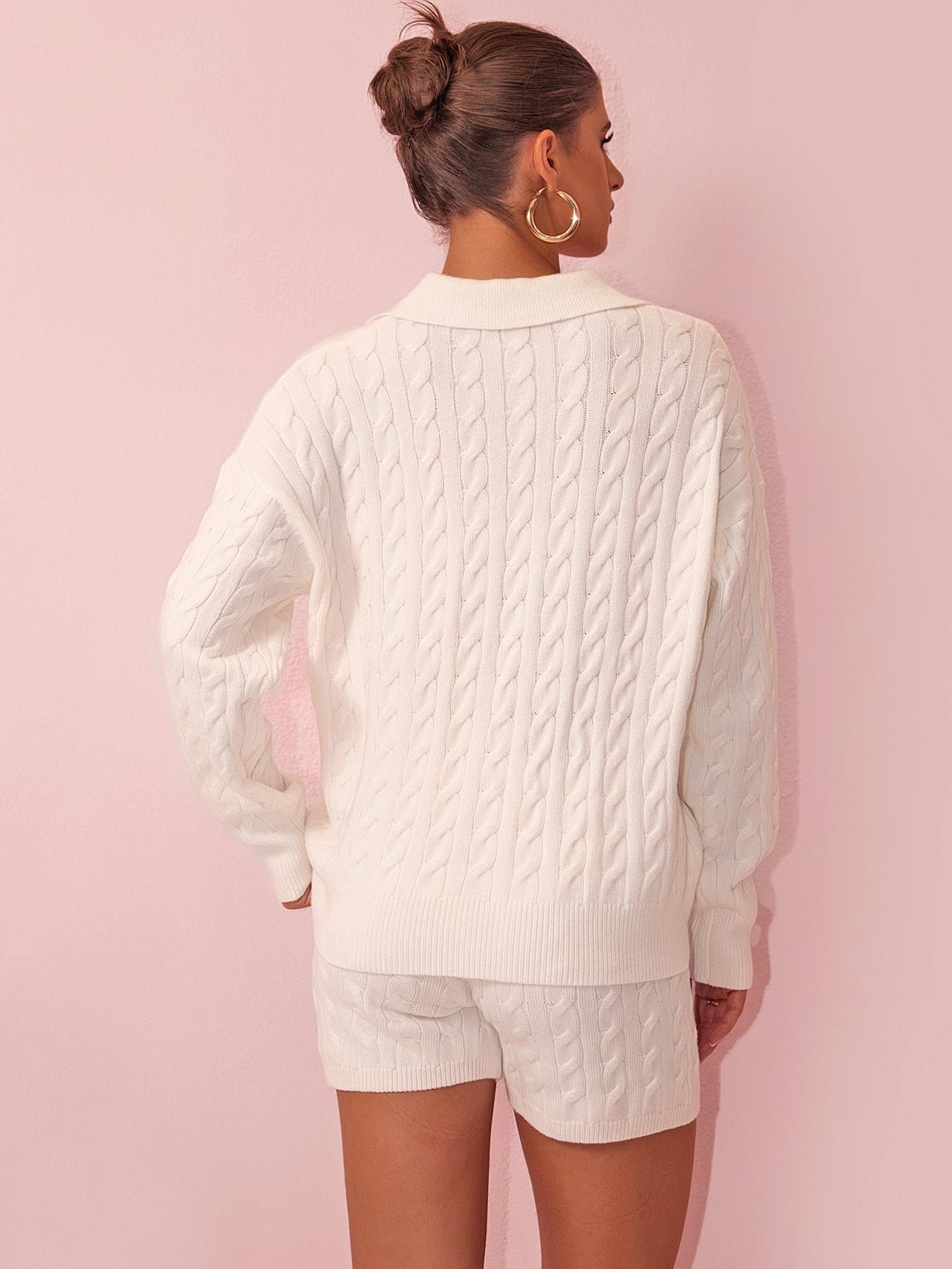 Joyfunear Women's Knitted Three Piece Set with Collar Sweater and High Waist Shorts&High Waist Pants