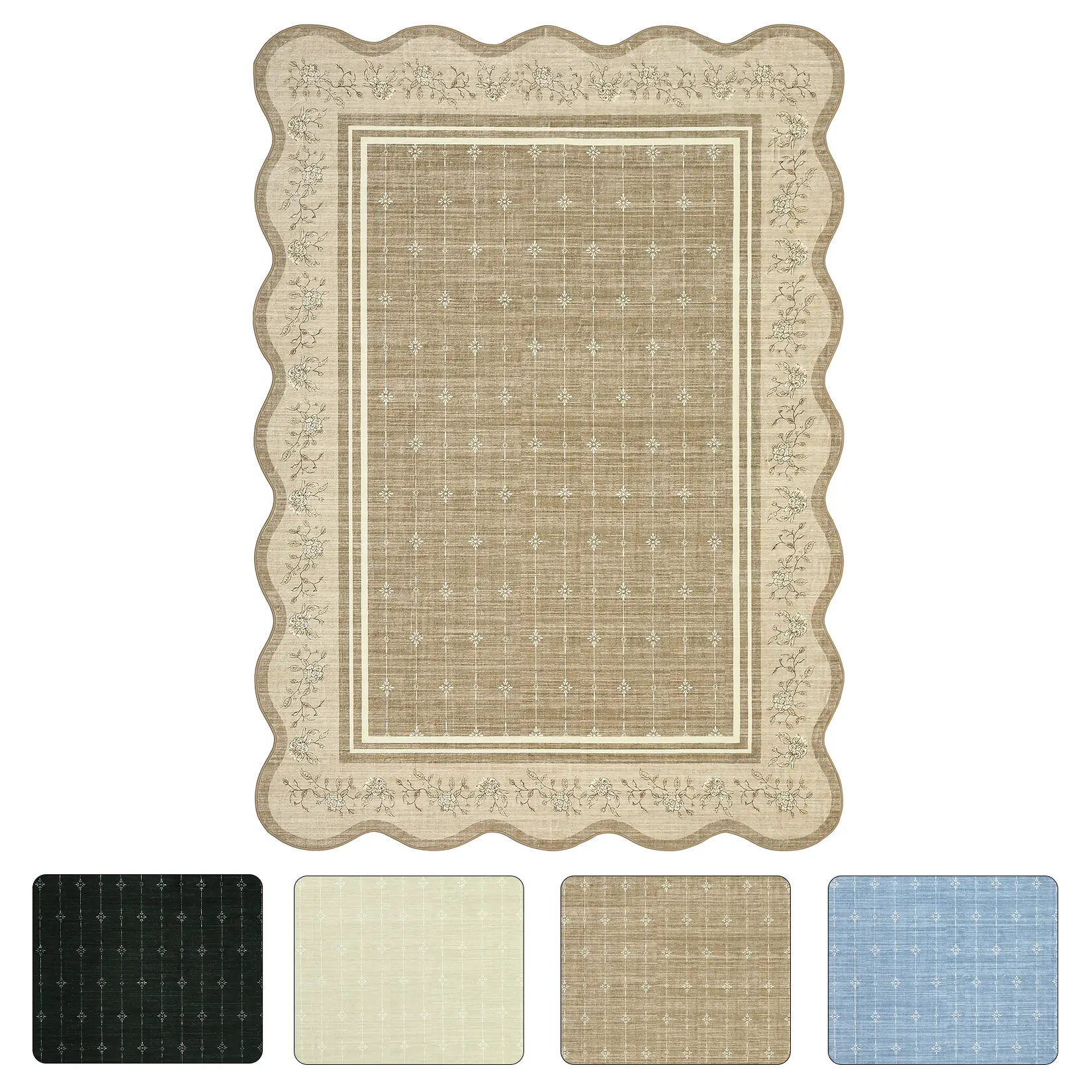 Washable Area Rug Non Slip Foldable Scalloped Border Rug Soft Faux Cashmere Carpet for Living Room Bedroom Dining Room Matte Black 8 x 10 ft