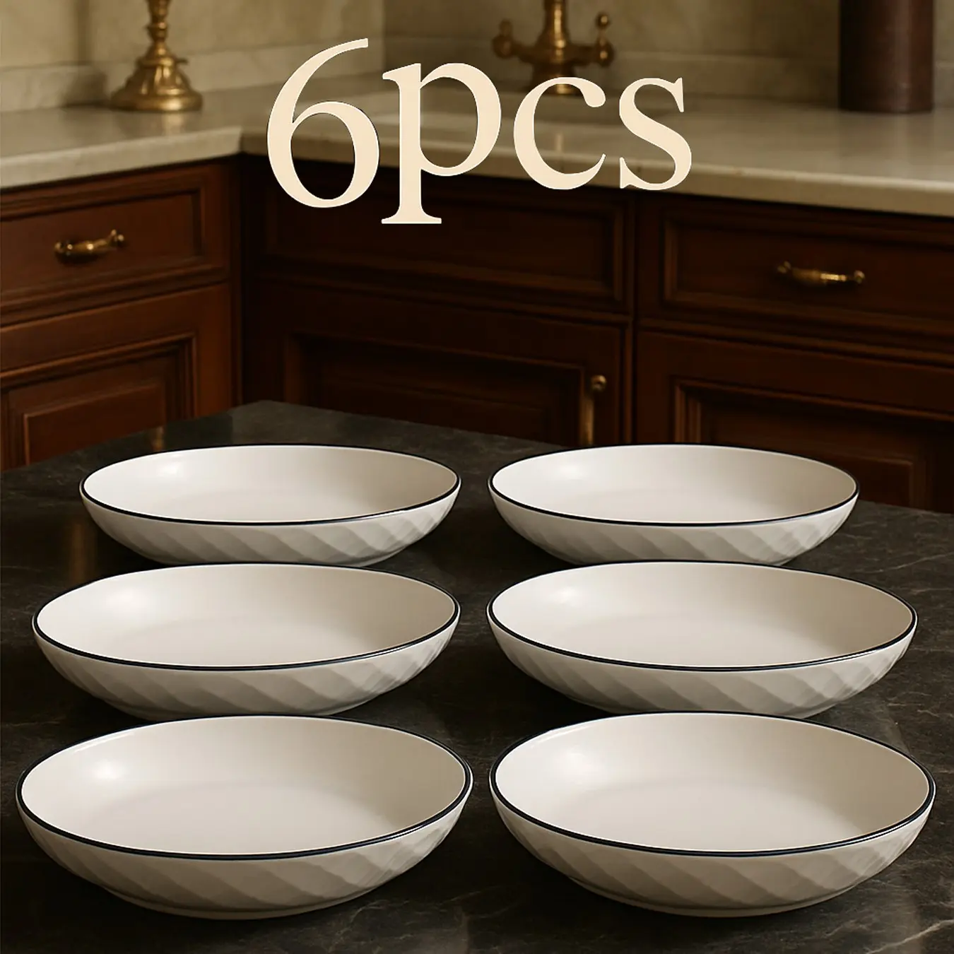 Ceramic Deep Dinner Plates Set of 6, Embossed Diamond Rhombus Texture, Vintage Nordic Style, Microwave Safe, Easy to Clean