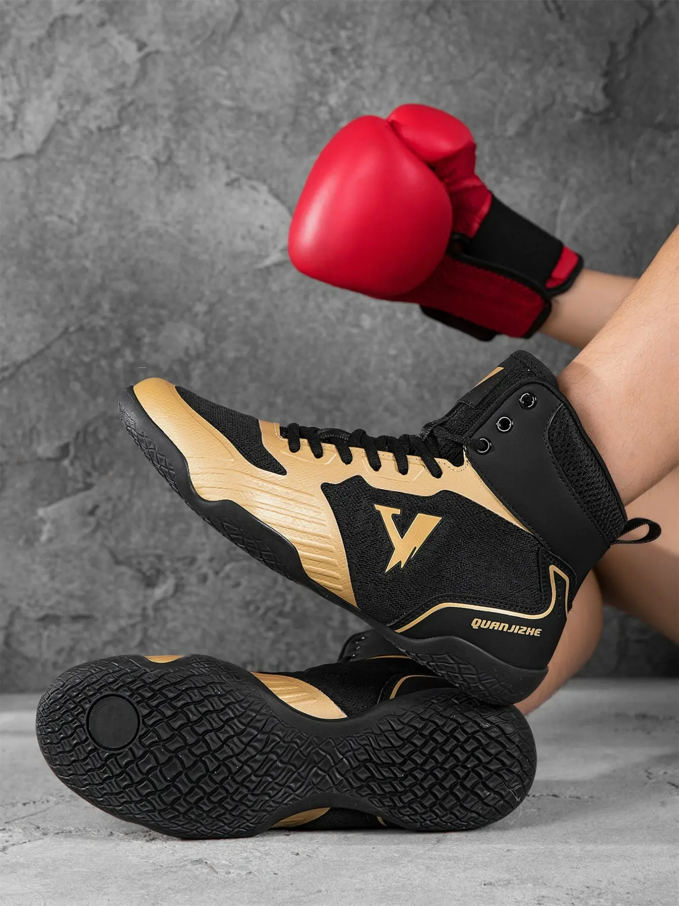 Men's Competition-Level Wrestling Training Shoes, High-Top Muay Thai Boxing Training Shoes, Fitness Sanda Shoes, Ankle Reinforcement, Anti-Slip Grip Tread, Suitable for Professional Wrestlers and Combat Sports Enthusiasts