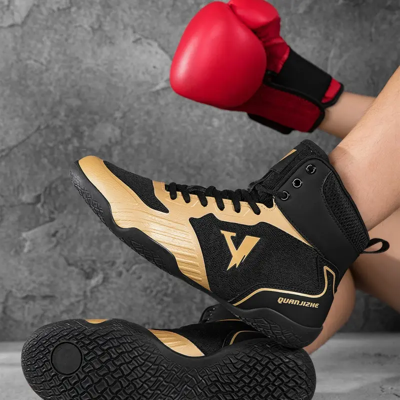 Men's Competition-Level Wrestling Training Shoes, High-Top Muay Thai Boxing Training Shoes, Fitness Sanda Shoes, Ankle Reinforcement, Anti-Slip Grip Tread, Suitable for Professional Wrestlers and Combat Sports Enthusiasts