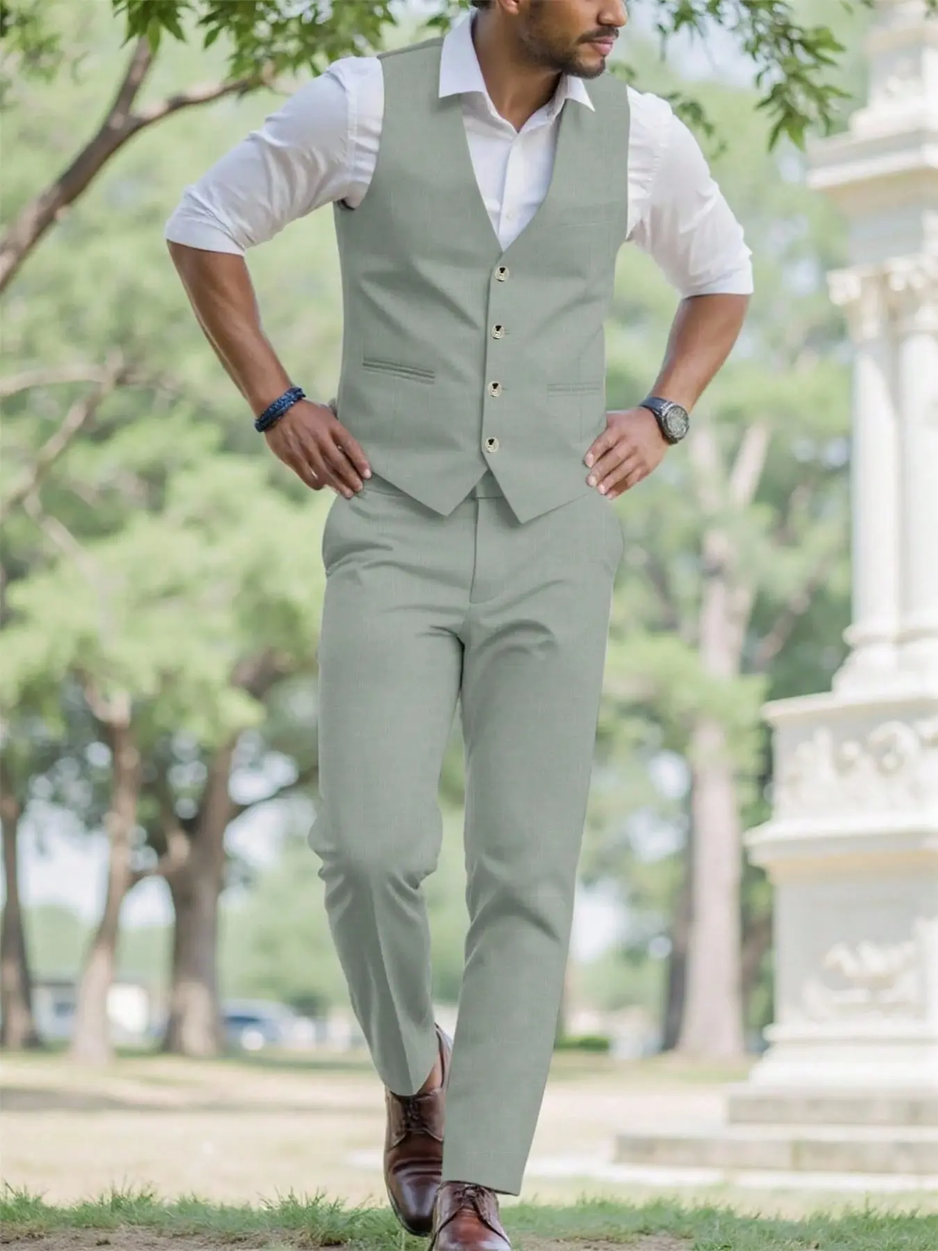 Men's Business Suit Two-Piece Set, Slim Fit V-Neck Button Front Vest + Pants, Casual Office Wear, Wedding Party Dress, Formal Attire