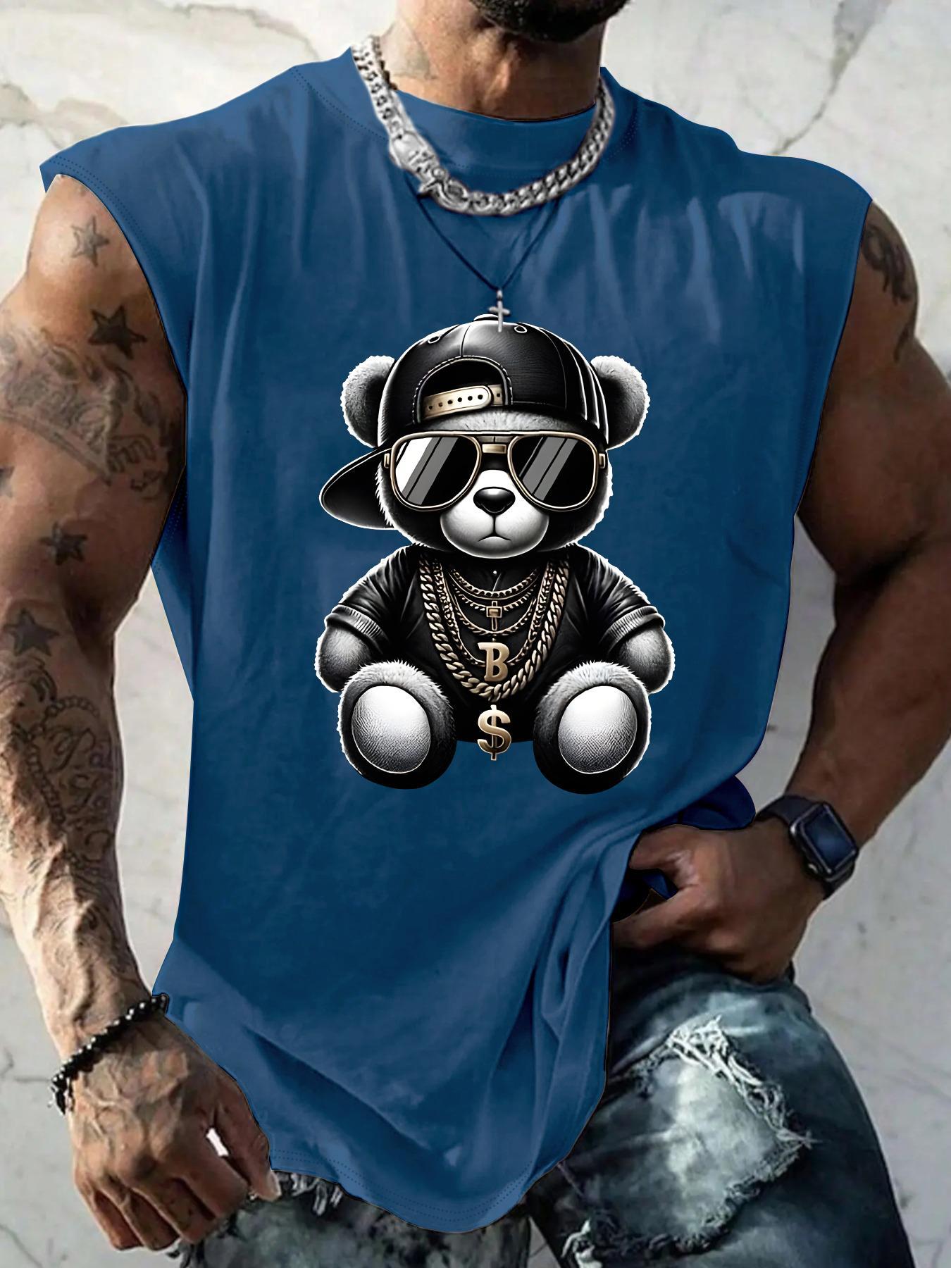 Men's Regular Fit Bear & Letter Print Top, Casual Comfy Sleeveless Top for Summer, Fashion Men's Clothes for Daily Wear, Streetwear Tank Vest, Vests