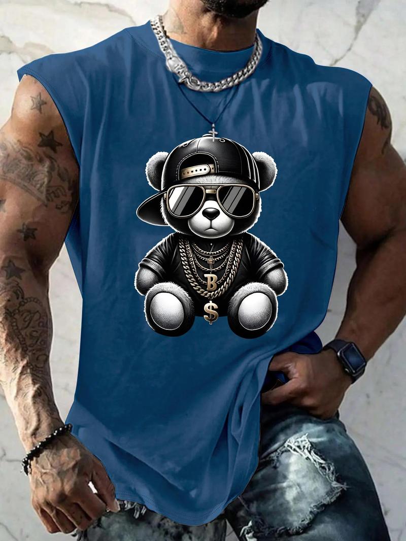 Men's Regular Fit Bear & Letter Print Top, Casual Comfy Sleeveless Top for Summer, Fashion Men's Clothes for Daily Wear, Streetwear Tank Vest, Vests