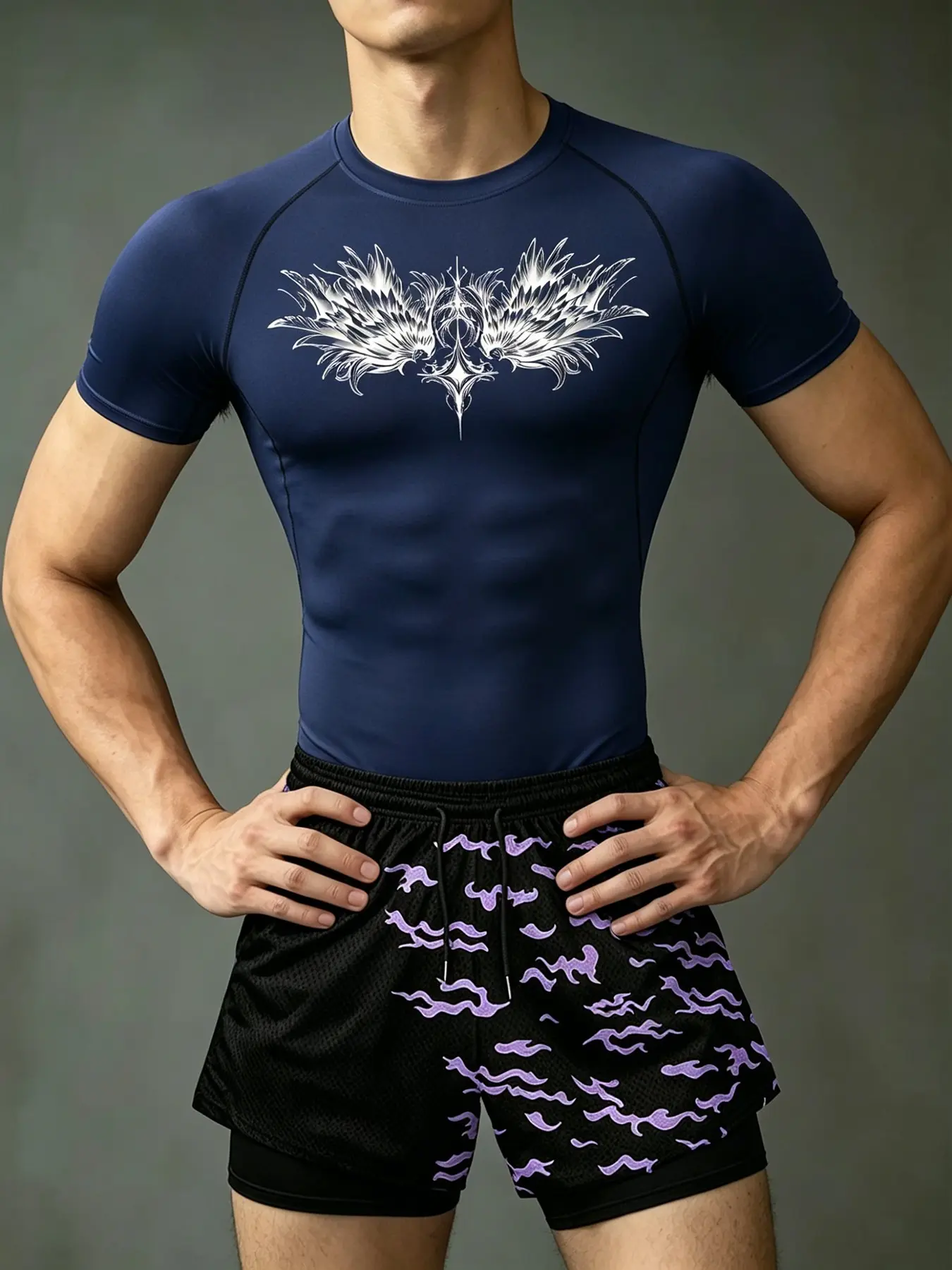 Summer Men Quick Dry Fitness 2PCS Compression Training Short Sleeve Symmetrical Feather Wings Print Purple Flame Double Layer Liner Athletic Running Shorts Gym Workout Sport Suit