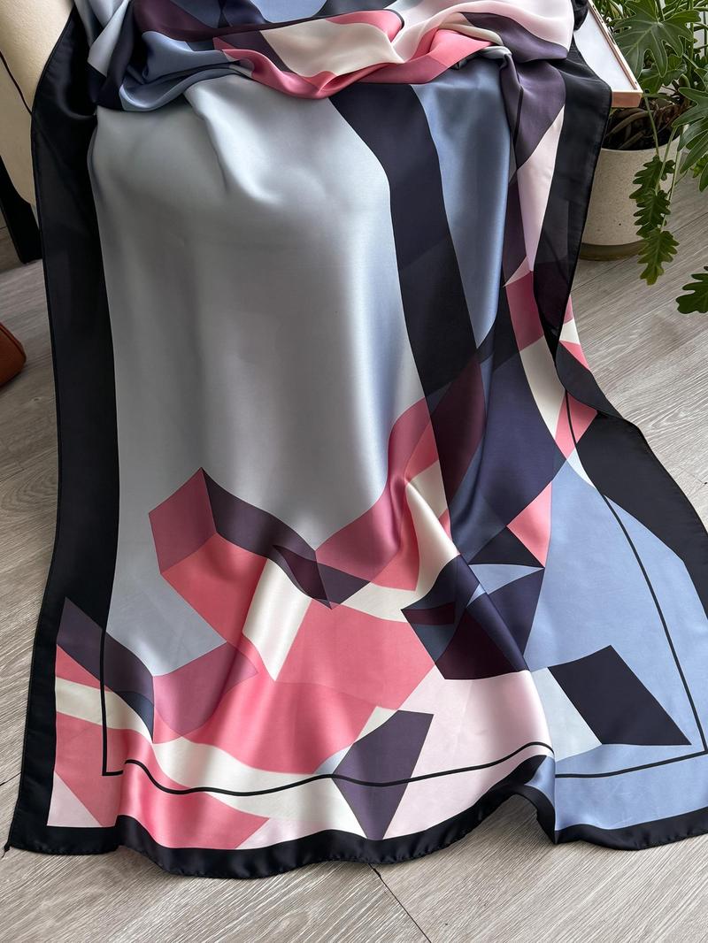 Women's Geometric Print Silk Scarf, Boho Style Scarf, Fashionable Soft Comfortable Shawl for Daily Wear, Casual Versatile Scarf for Women