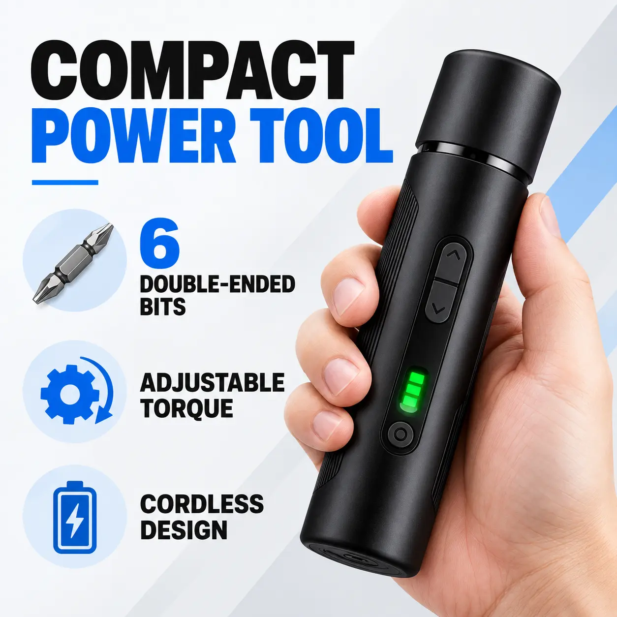 Compact Cordless Power Screwdriver with 6 Magnetic Double-Ended Bits, 5 N.m Max Torque and 3-Level Adjustment for Home Repair, Assembly and DIY Work