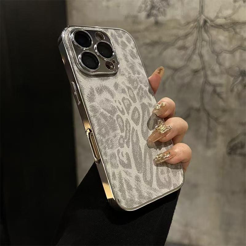 Luxury Plating Leopard Texture Leather Case For iPhone 16 15 14 Plus 13 12 11 Pro Max Lens Protection Shockproof Soft Cover Protective Smartphone