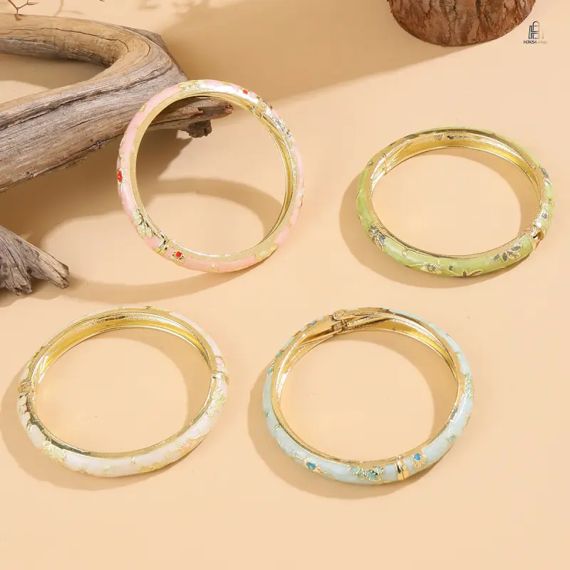 New Retro Floral Enamel Bangle Vintage Ditsy Flower Oil Drip Bracelet Oriental Style Fashion Wrist Jewelry Adjustable Daily Holiday Matching Accessory