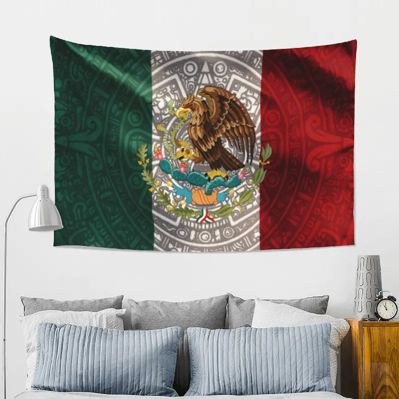 Rectangular 1-Piece Aztec Mexico Eagle Tapestry (5ft x 3ft/60in x 40in) - Mexican Flag-Inspired Wall Hanging with Green-White-Red Tribal Calendar Pattern, Peach Skin Fabric Indoor/Outdoor Decor for Bedroom, Table/Party Backdrop Home Art, Photo, Wall Decor