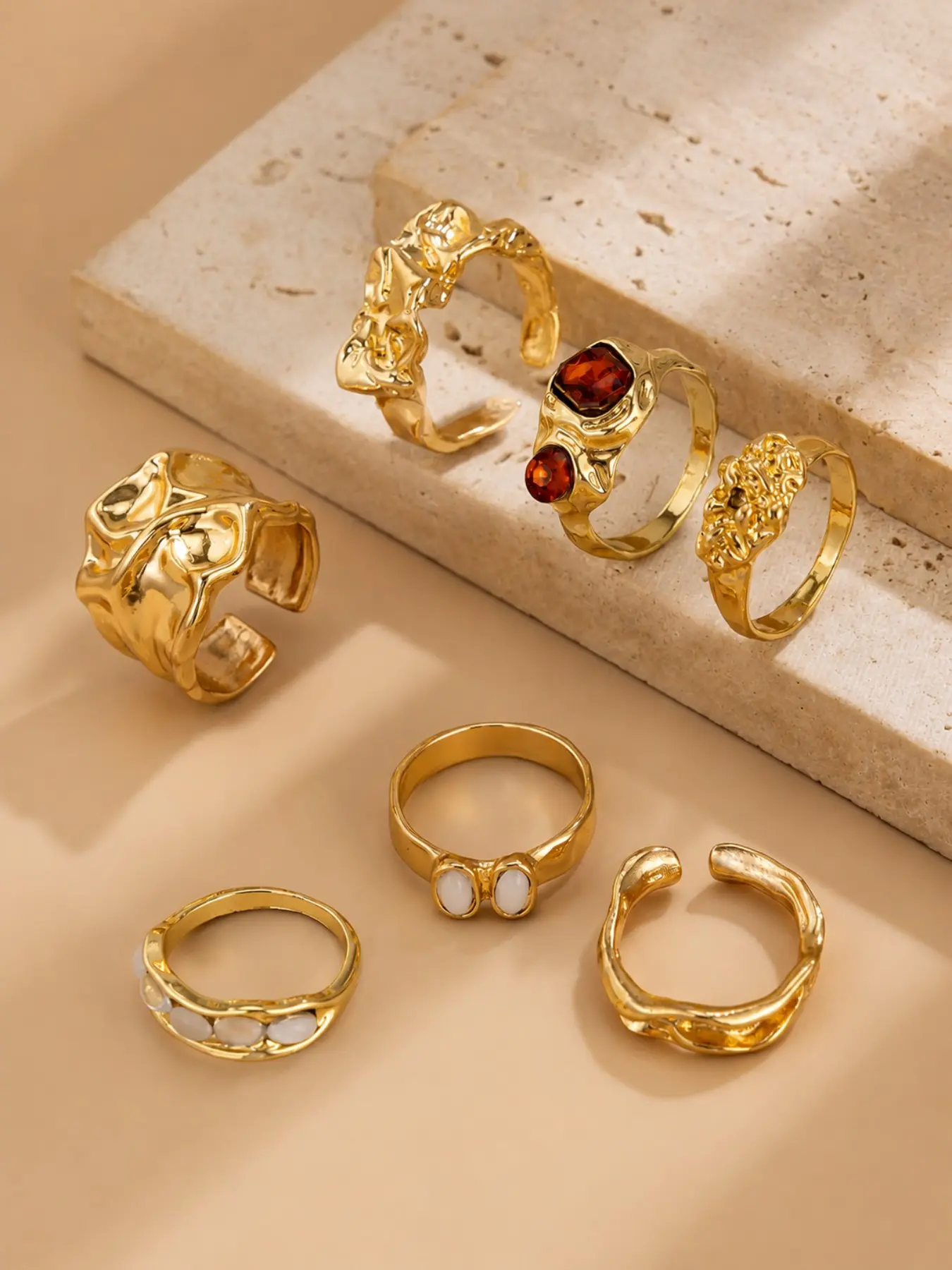 7PCS Gold Vintage Ring Stack Set, Luxury Gold Chunky Statement Rings Stackable Jewelry Set, Interchangeable Rings, Mixed Metal Gemstone Textured Open Adjustable Bands, Jewelry for Women, Girls, Gift, Party, Wedding, Daily Wear, Holiday