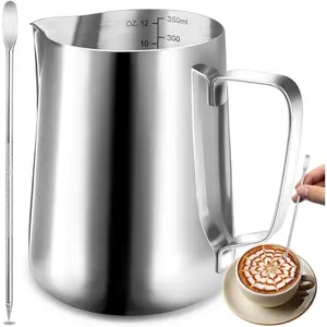 Milk Frothing Pitcher, 12oz/20oz/32oz Stainless Steel Milk Frother Cup with Measuring Scale & Latte Art Pen for Espresso, Coffee, Cappuccino - 350ml