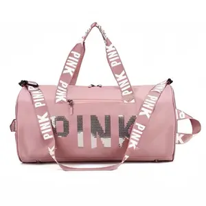 PINK Large Duffle Gym Bag with Wet Pocket & Shoe Compartment, Portable Weekend Overnight Travel Sports Handbag with Adjustable Shoulder Strap