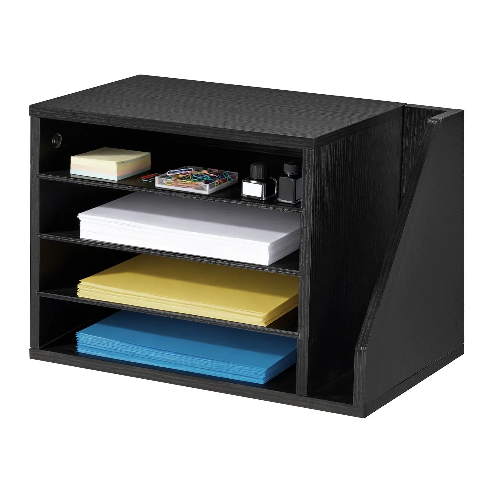 Literature Organizer With 4 Compartments, Office Mailbox With Detachable Shelves, Wooden Mailbox Sorter With Side Vertical Storage, Countertop Home Office Organizer For Files, Documents, Papers, Black Finish