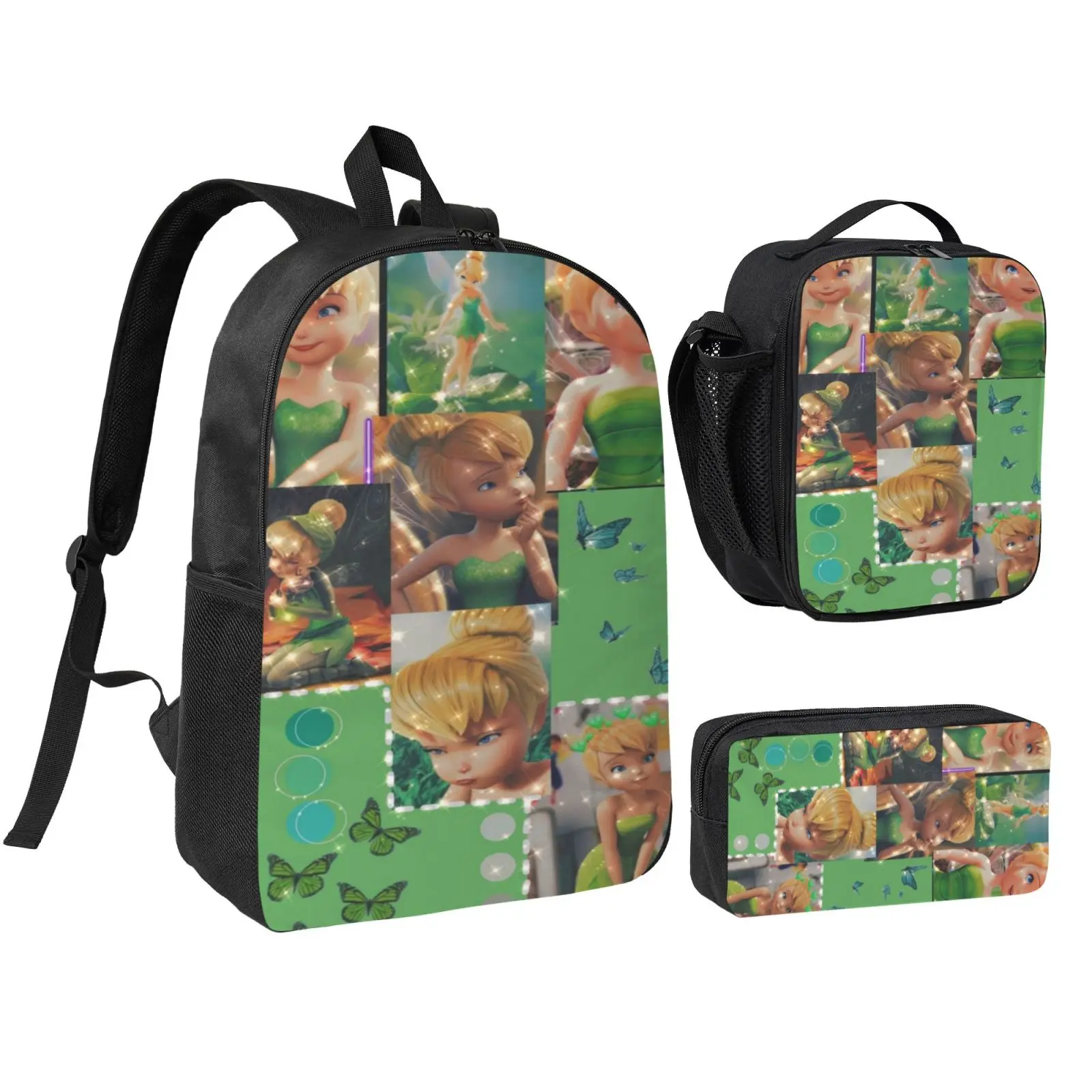 Unisex Tinkerbell5 3Pcs Backpack for Teen Girls Boys, School Bookbag with Lunchbox Pecil box, Anime backpack with adjustable straps, office travel bag Bookbag