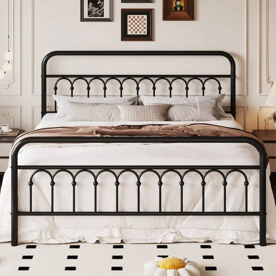 Twin/Full/Queen/Size Metal Platform Bed Frame With Vintage Headboard And Footboard, Arch With Ball Paint Finish, Under Storage Space, No Box Needed, Easy To Assemble, Black
