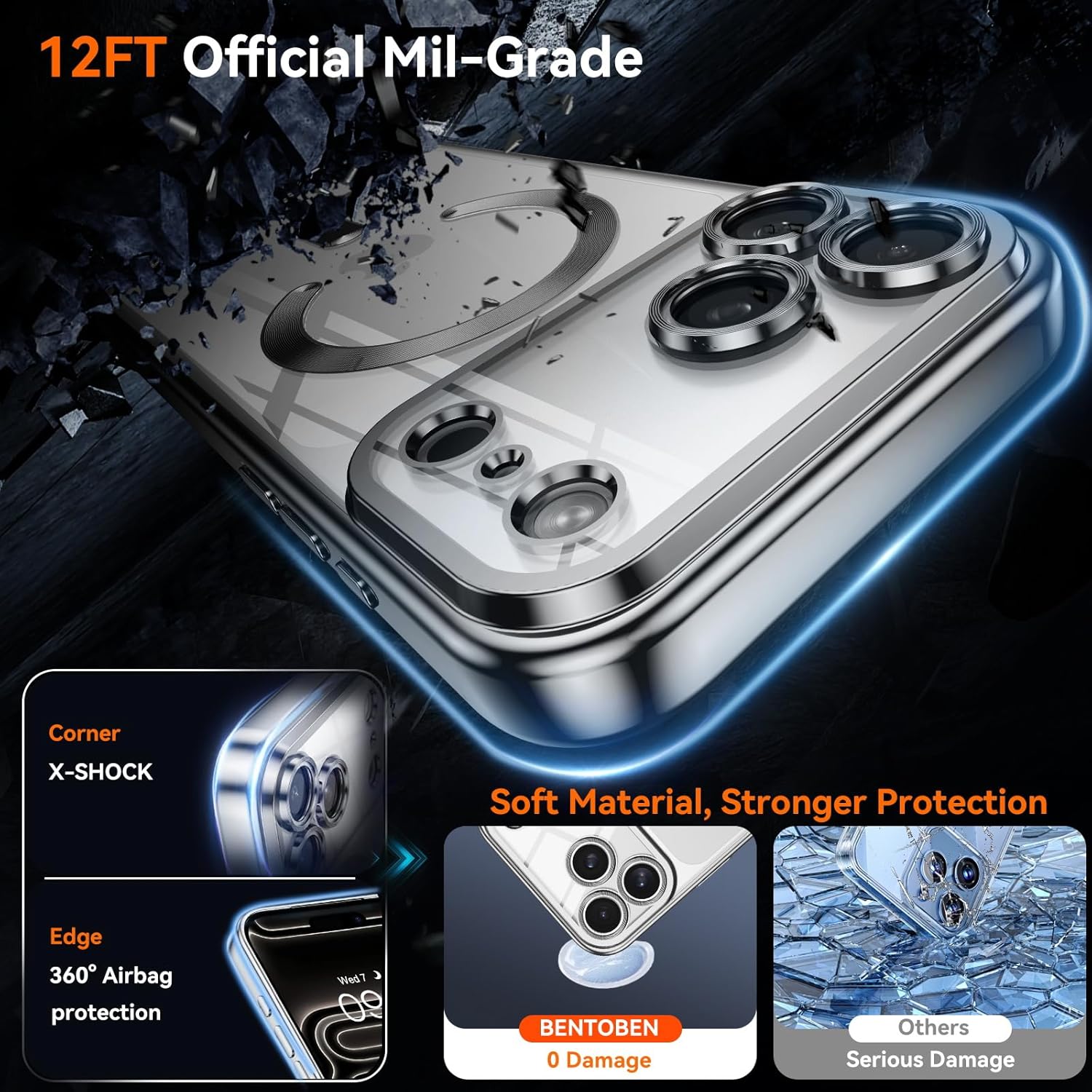 Luxury Magnetic Wireless Charge Plating Clear Phone Case for iPhone 17/16/15/14/13/12/11 Pro Max Plus Ultra-Compatible with Magsafe, Thin Soft TPU Shockproof Transparent Cover with Camera Lens Protector Film for iPhone 17 Pro Max