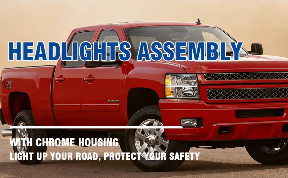 Headlights Assembly with High/Low Beam Bulbs for 2007-2013 Chevy Silverado 1500/ 2007-2014 Silverado 2500 HD 3500 HD, OE Style Replacment Headlamps Pair, Chrome Housing/ Clear Lens/ Clear Reflector