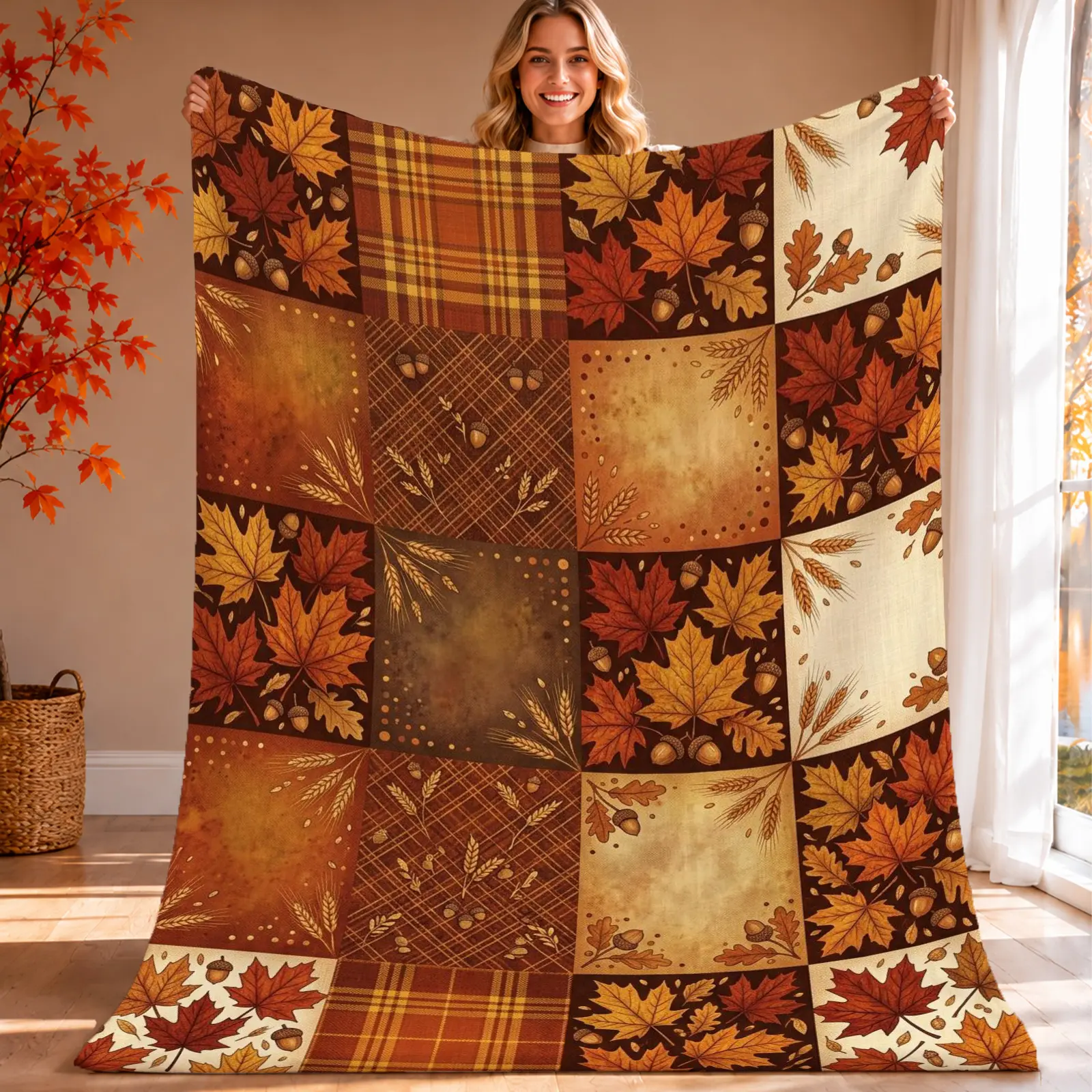 1pc Throw Blanket Autumn Vintage Patchwork Style Soft Warm Lightweight Maple Leaf Plaid Wheat Acorn Square Pattern Blanket for Family Sofa Bed Living Room Bedroom Decorative Sofa Blanket