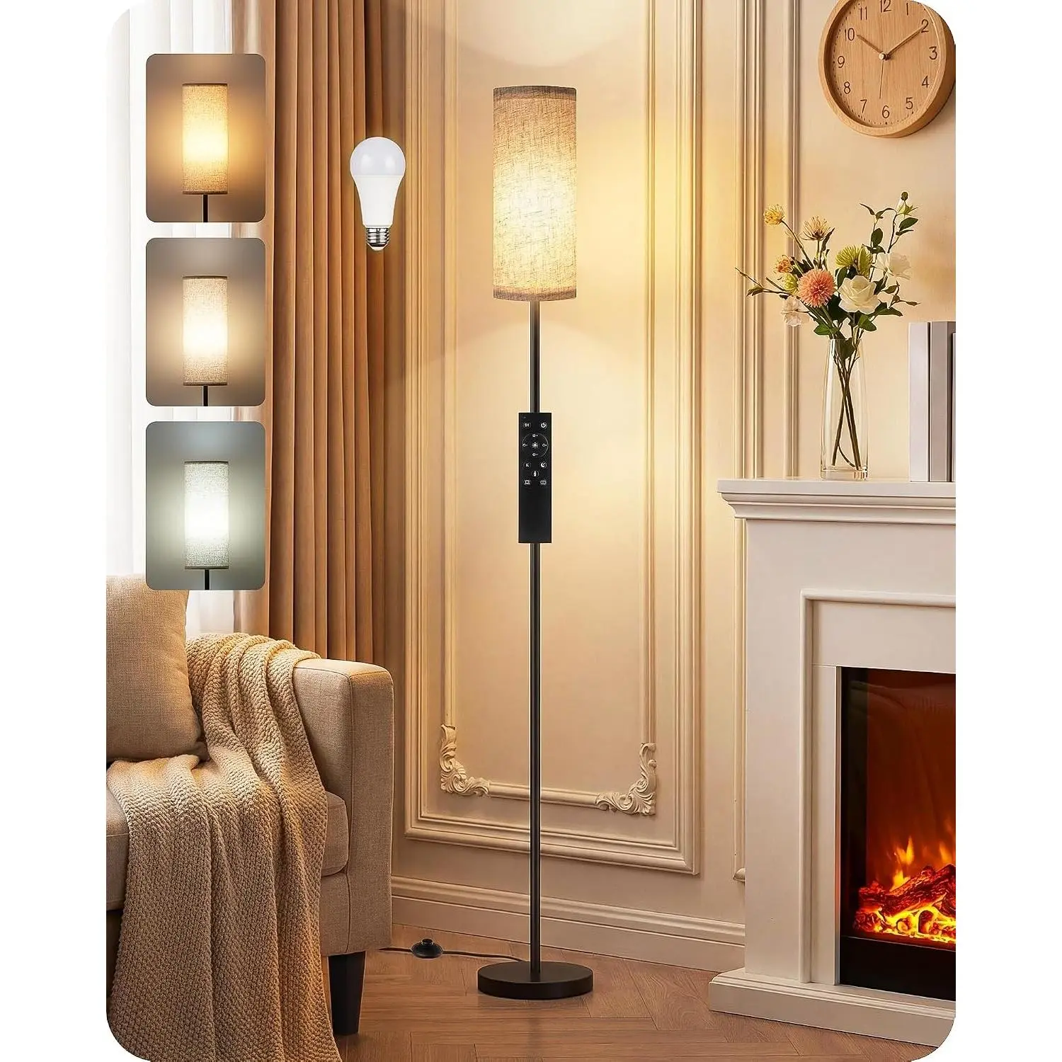 64.4" Slim Floor Lamp for Living Room, Bedroom & Nursery – Dimmable Tall Standing Lamp with Mood Lighting, Magnetic Remote & Foot Switch, 3 Color Temperatures, 1-Hour Timer, 900LM Bulb Included, Beige