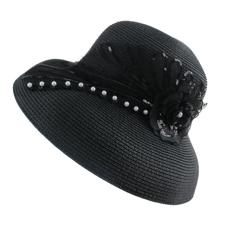 jewelry [Pearl & Lace Flower Straw Hat] Elegant Pearl & Lace Flower Straw Hat - Stretchable Wide Brim Sun Hat with Faux Feather Accent - Ideal for Beach Vacations, Derby Events & Church Outings