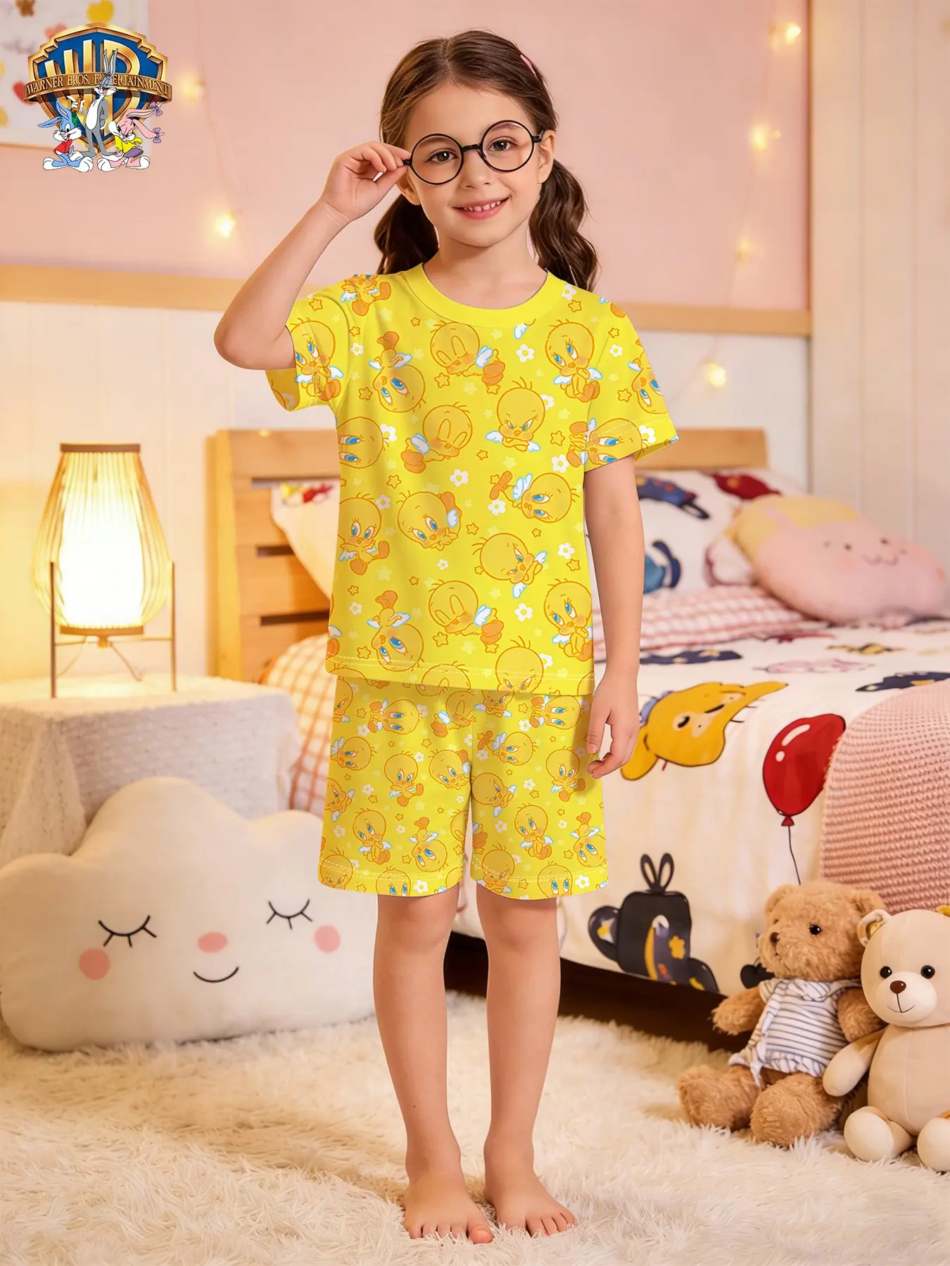 Wb Official Licensed Tweety Bird Kids Short Sleeve Pajama Set, Girls Cartoon Full Print Sleepwear, Summer Home Wear, Back-To-School Gift Set