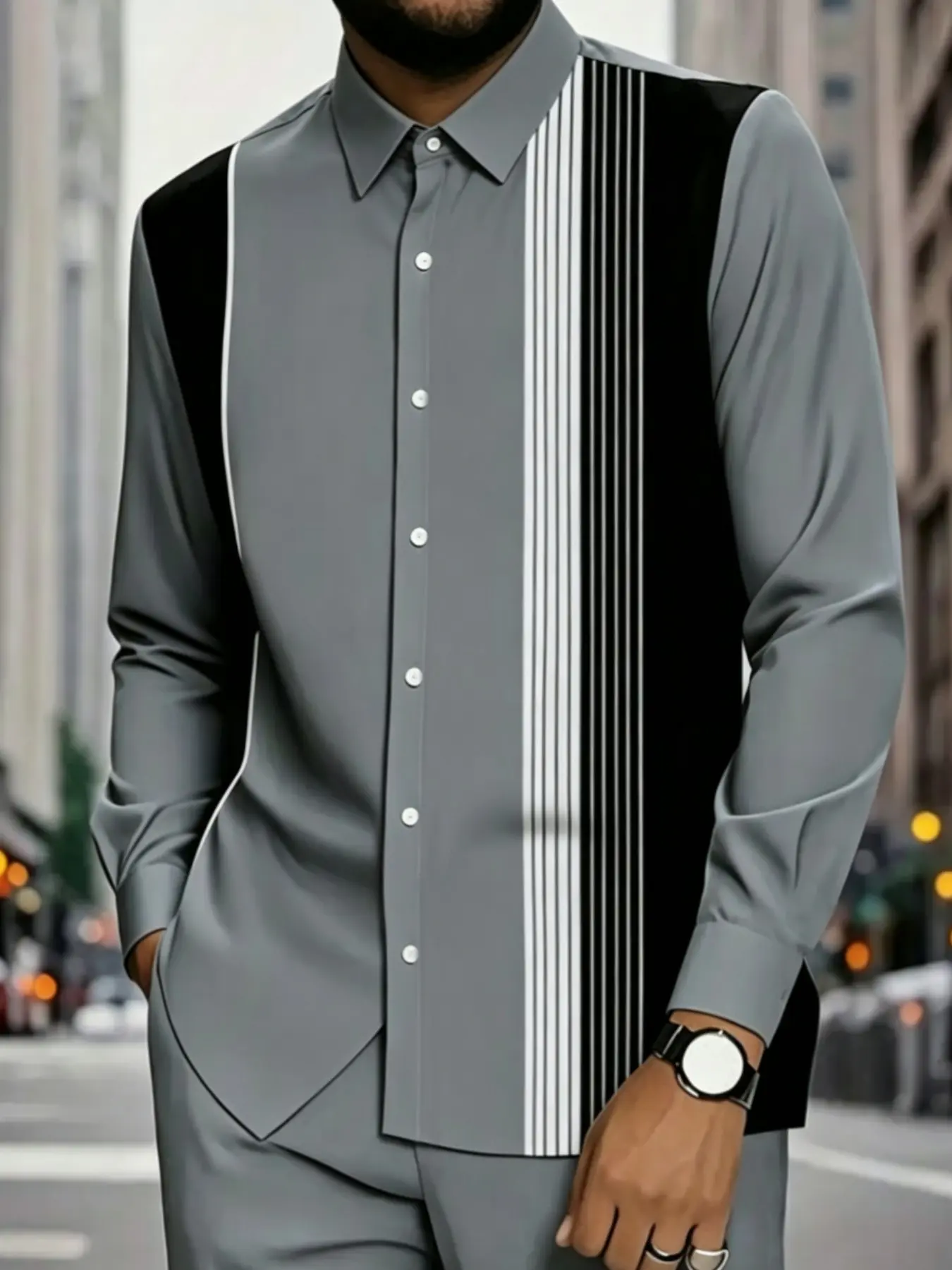 Vintage Floral Baroque Men's Long Sleeve Striped Tailored Everyday Shirt, Retro Style Slim-Fitting Top, All Seasons Unlined Clothing, Full Placket Design