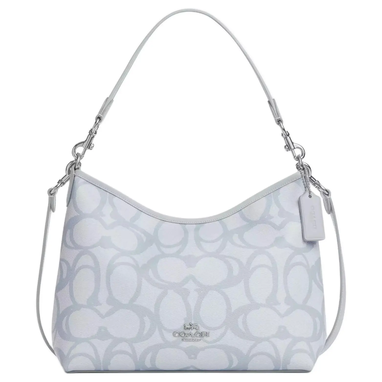 COACH Laurel 31 Detachable Adjustable Strap Metallic Logo Coated Canvas Shoulder Bag for Women, Large Size, Silver and Ice Blue